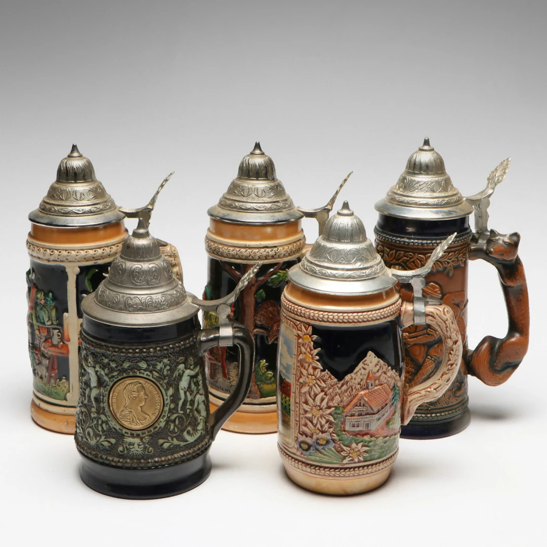 Staffe Stoneware, Gerzit and Other German Beer Steins, Mid to Late 20th Century