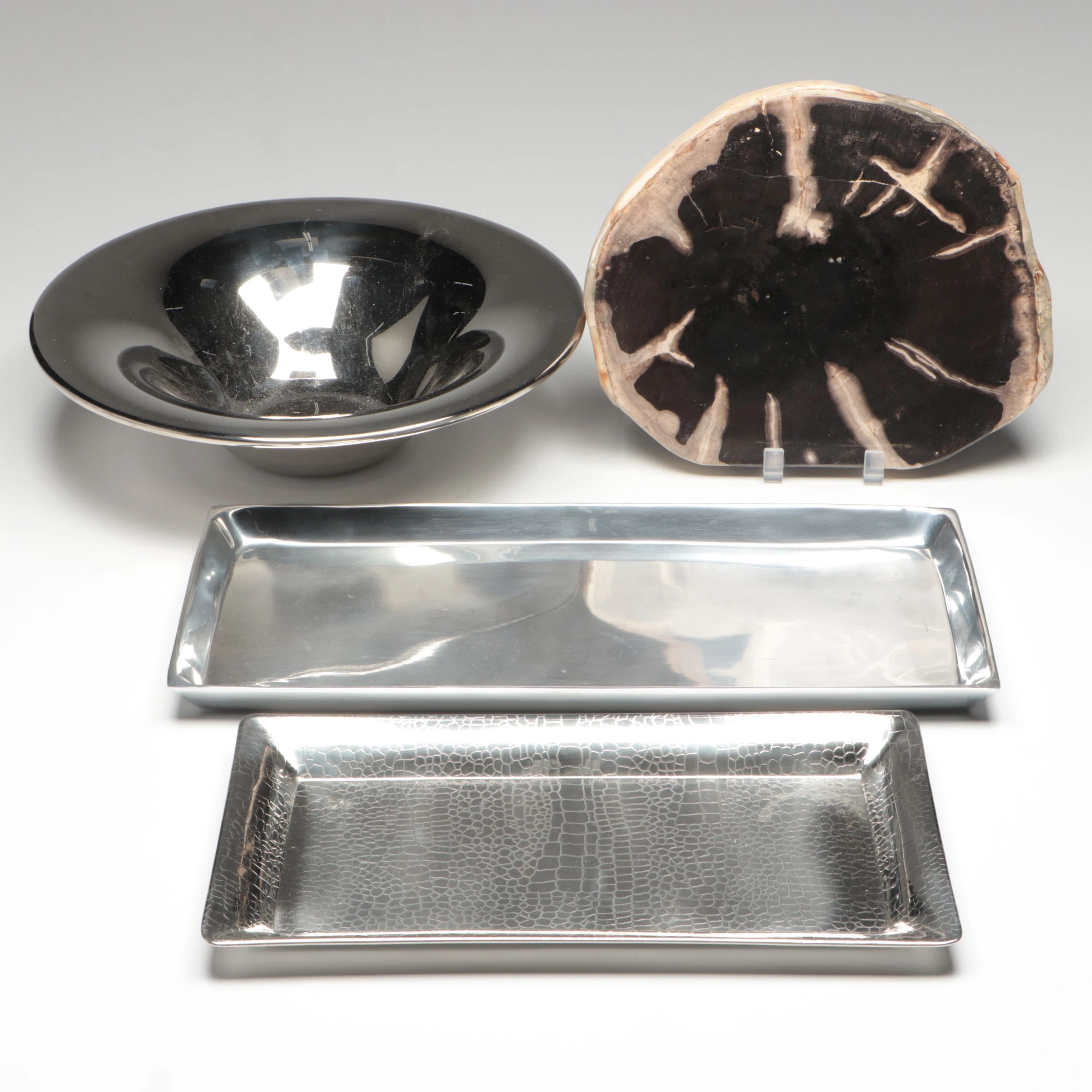 West Elm Petrified Wood Slab Tray with Pottery Barn and Other Metal Tableware