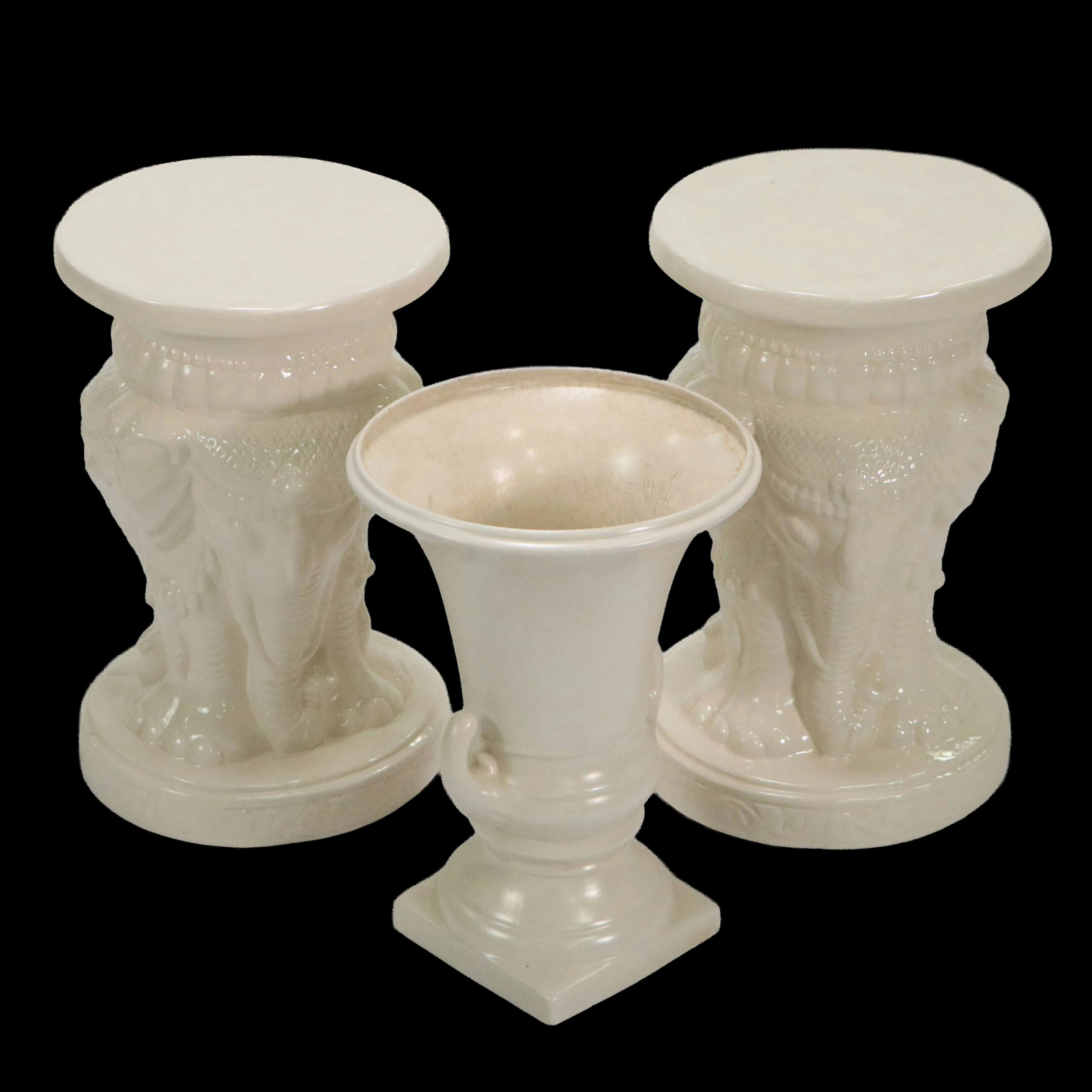 Three-Piece Cream Glazed Ceramic Elephant Garden Stools and Urn Set