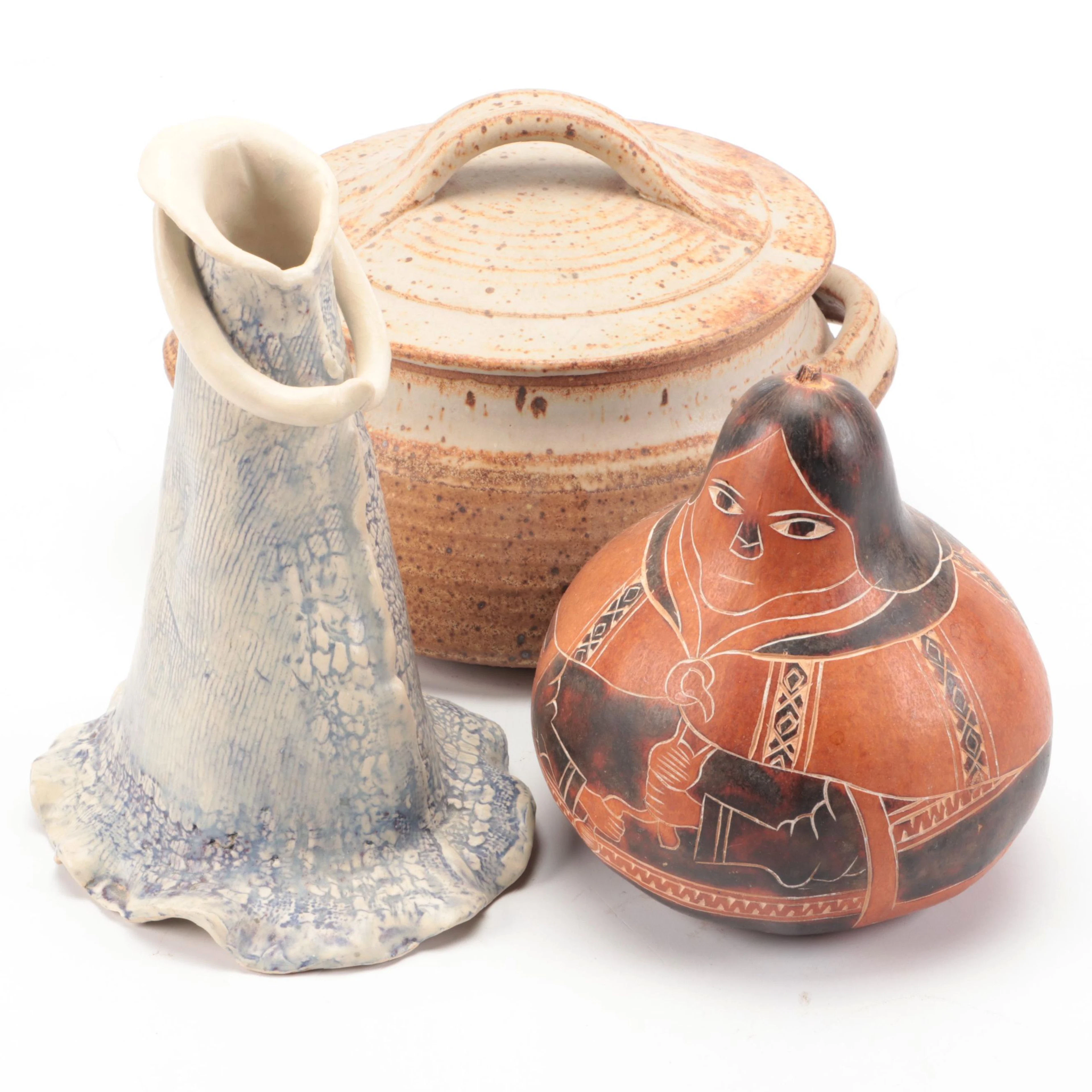 Artisan Ceramic Figural Vase and Stoneware Crock with Peruvian Gourd Carving