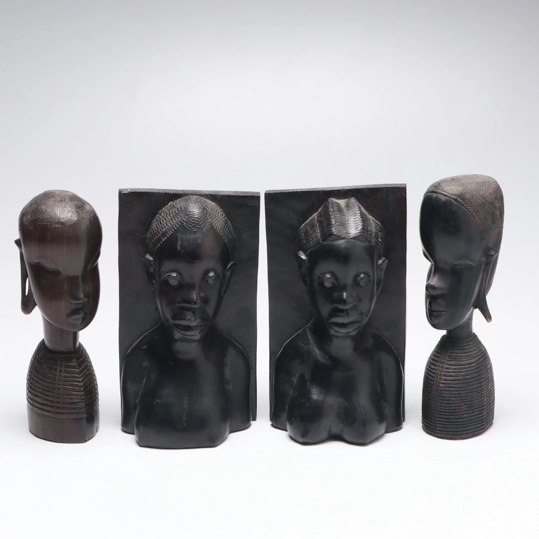 East African Style Carved Wood Busts and Pair of Bookends