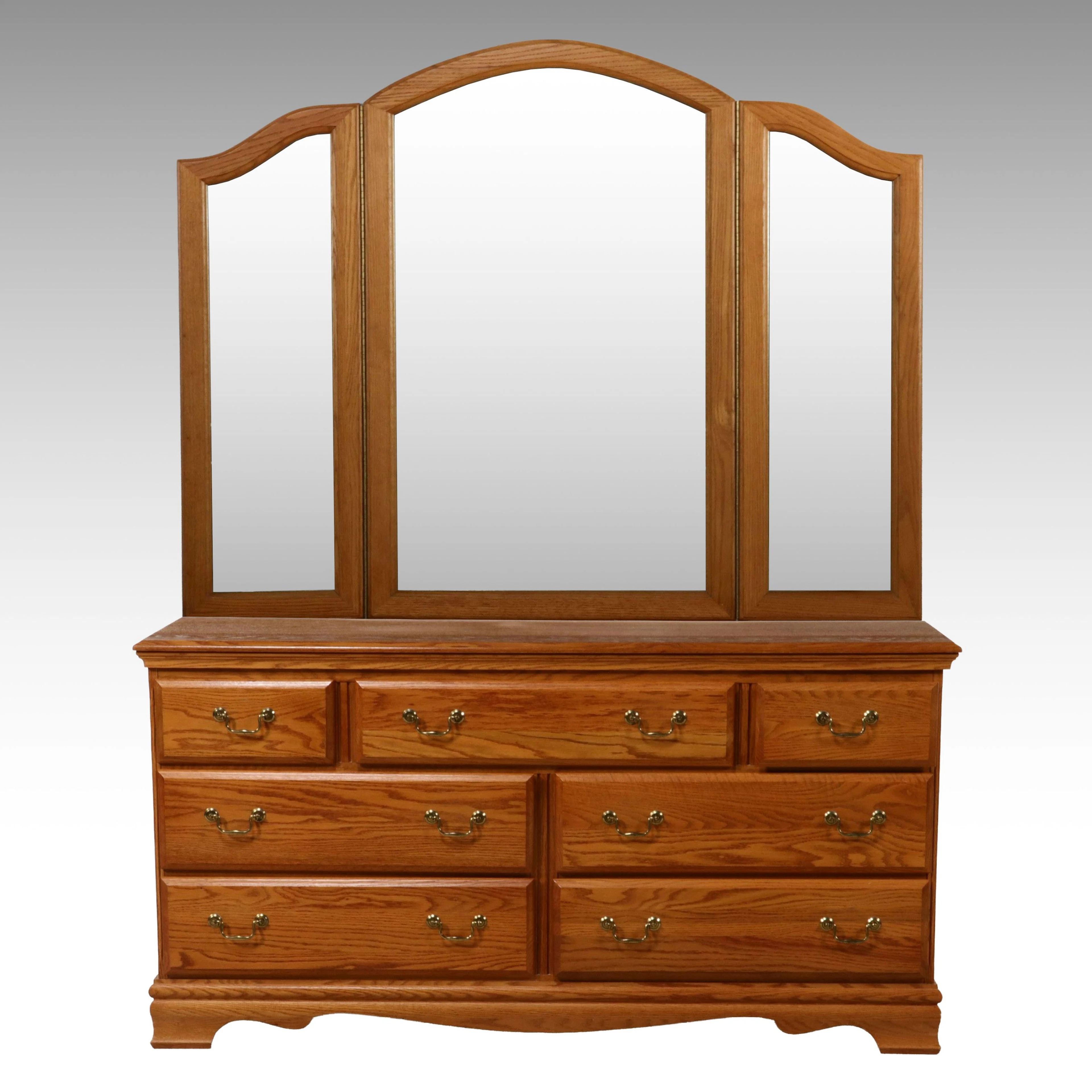 Colonial Style Oak Dresser with Tri-Fold Mirror, 1991