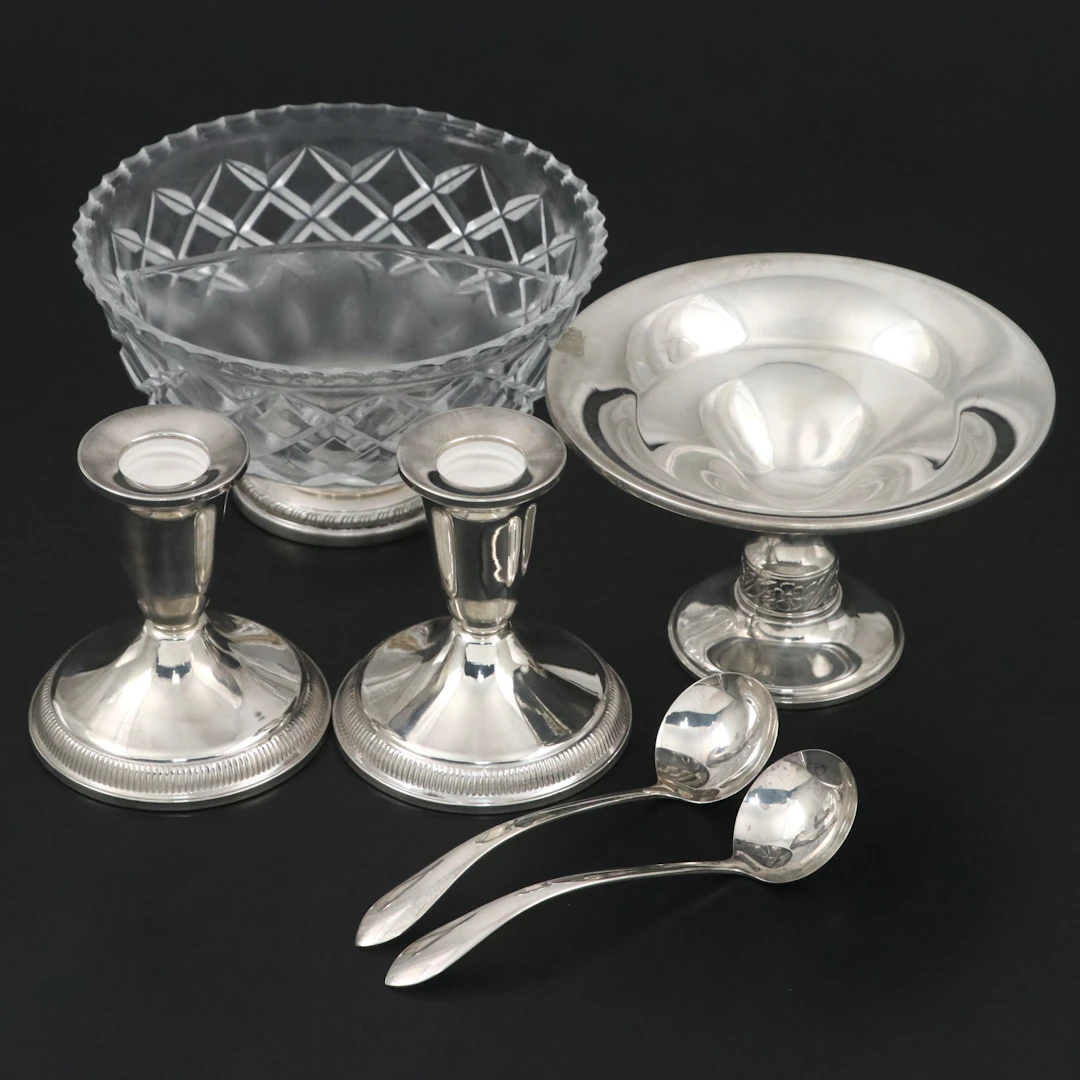 Weidlich Sterling Silver Spoons with Other Weighted Candlesticks and Bowls