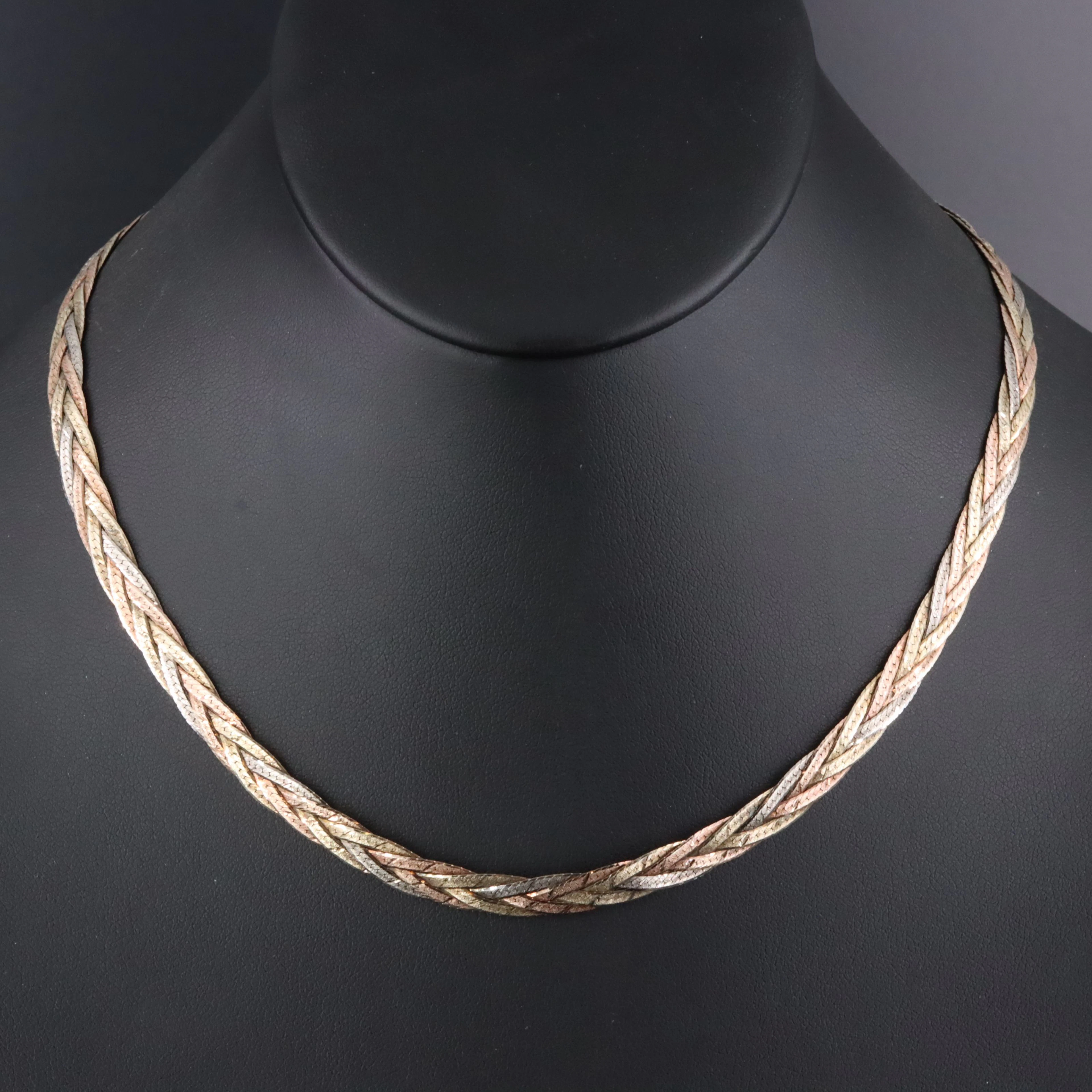 Sterling Tri-Color Braided Herringbone Chain Necklace