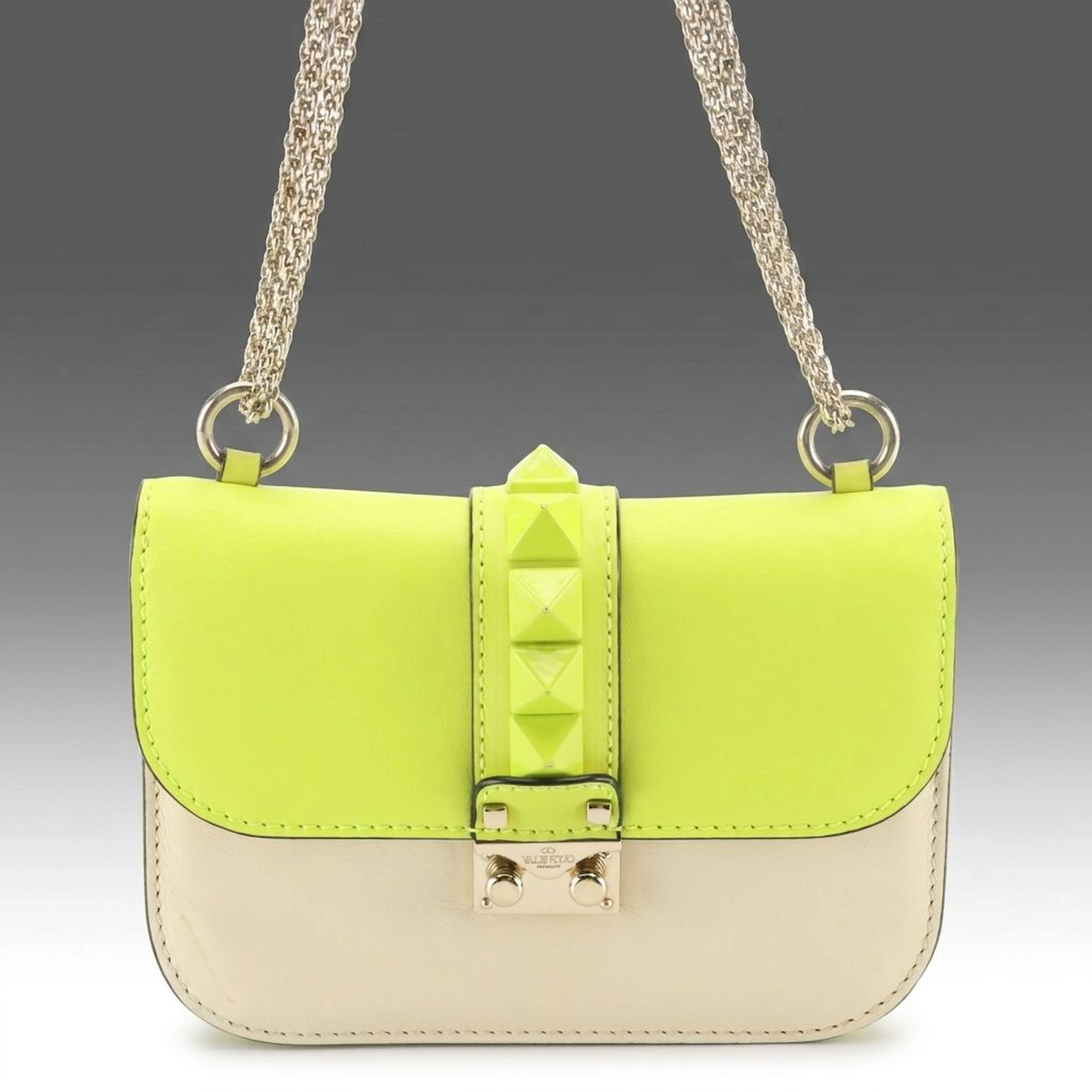 Valentino Pyramid Rockstud Neon Yellow and Ivory Leather Glam Lock Flap Bag