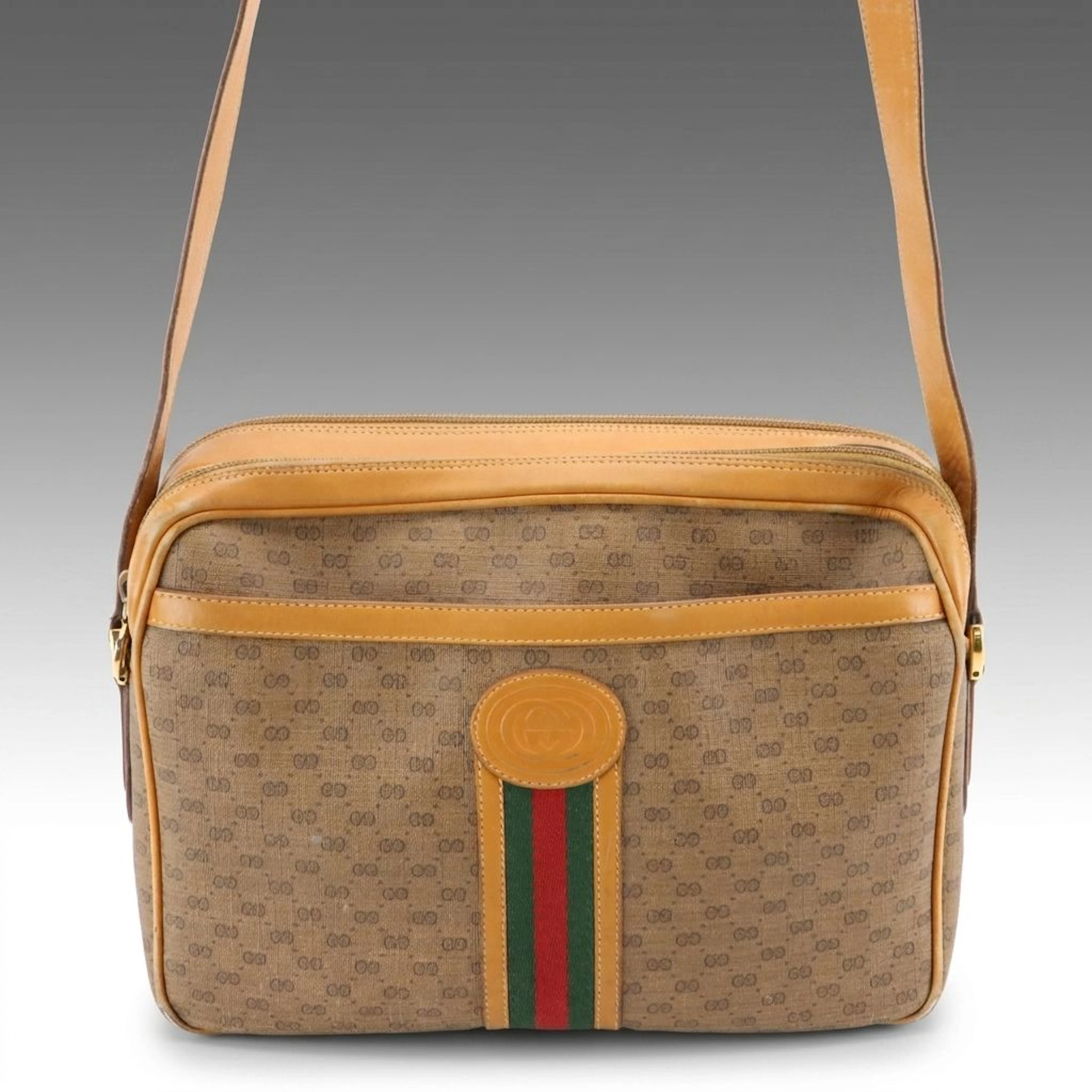 Gucci Web Stripe Double-Zip Camera Bag in Micro GG Supreme Canvas, Vintage