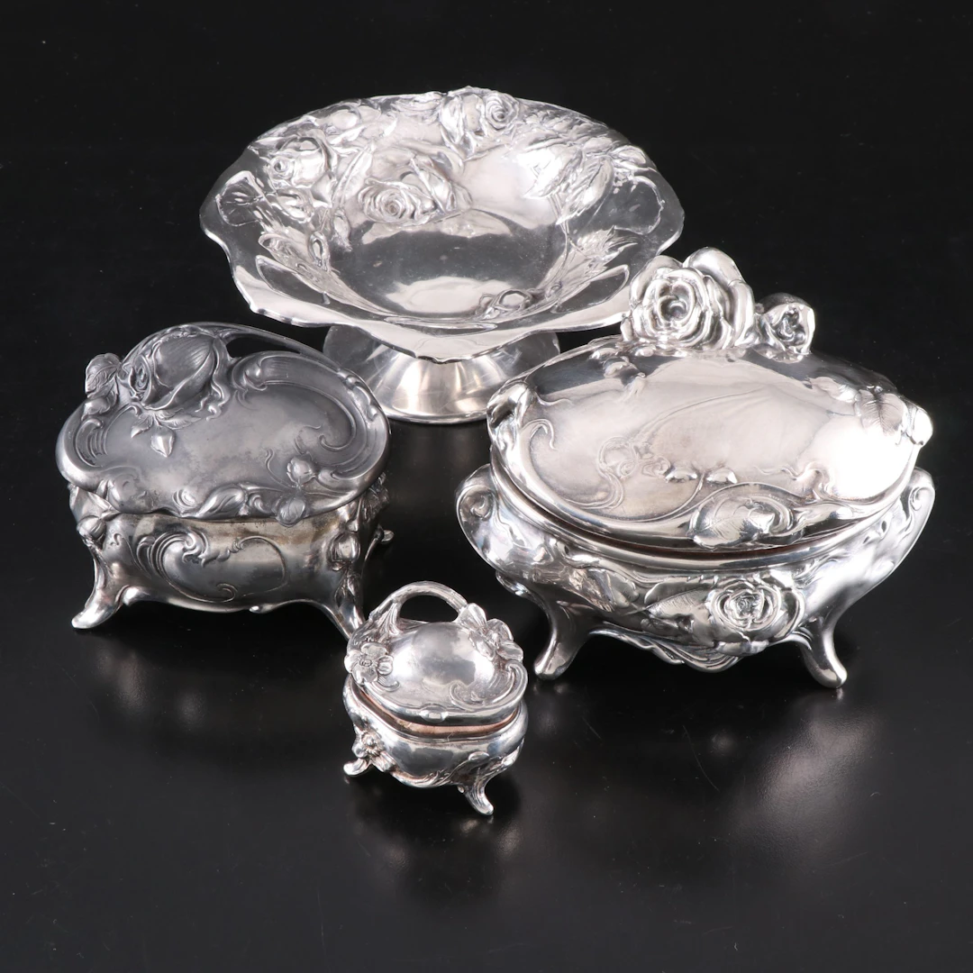 Art Nouveau Sterling Silver Compote with Silver Plate Vanity Boxes, Vintage