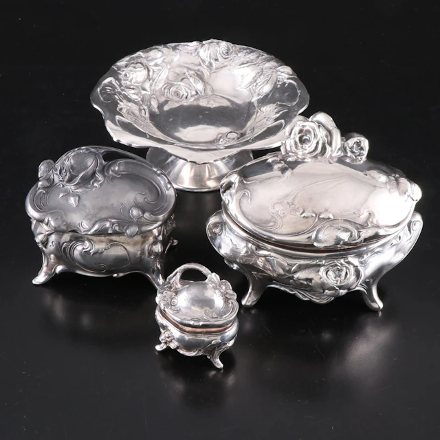 Art Nouveau Sterling Silver Compote with Silver Plate Vanity Boxes, Vintage