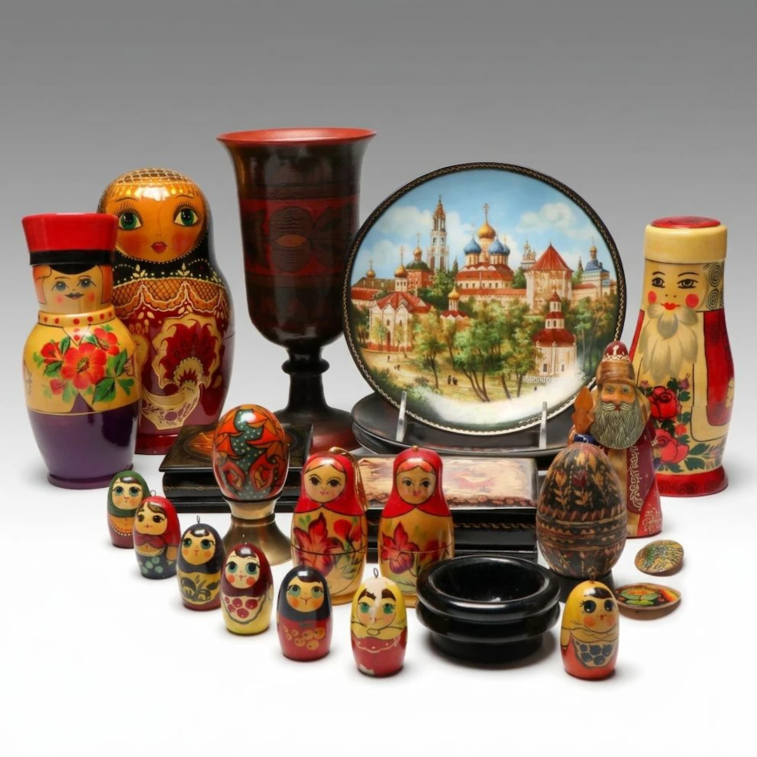 Russian Matryoshka Dolls, Lacquerware Boxes, Porcelain Plate and More