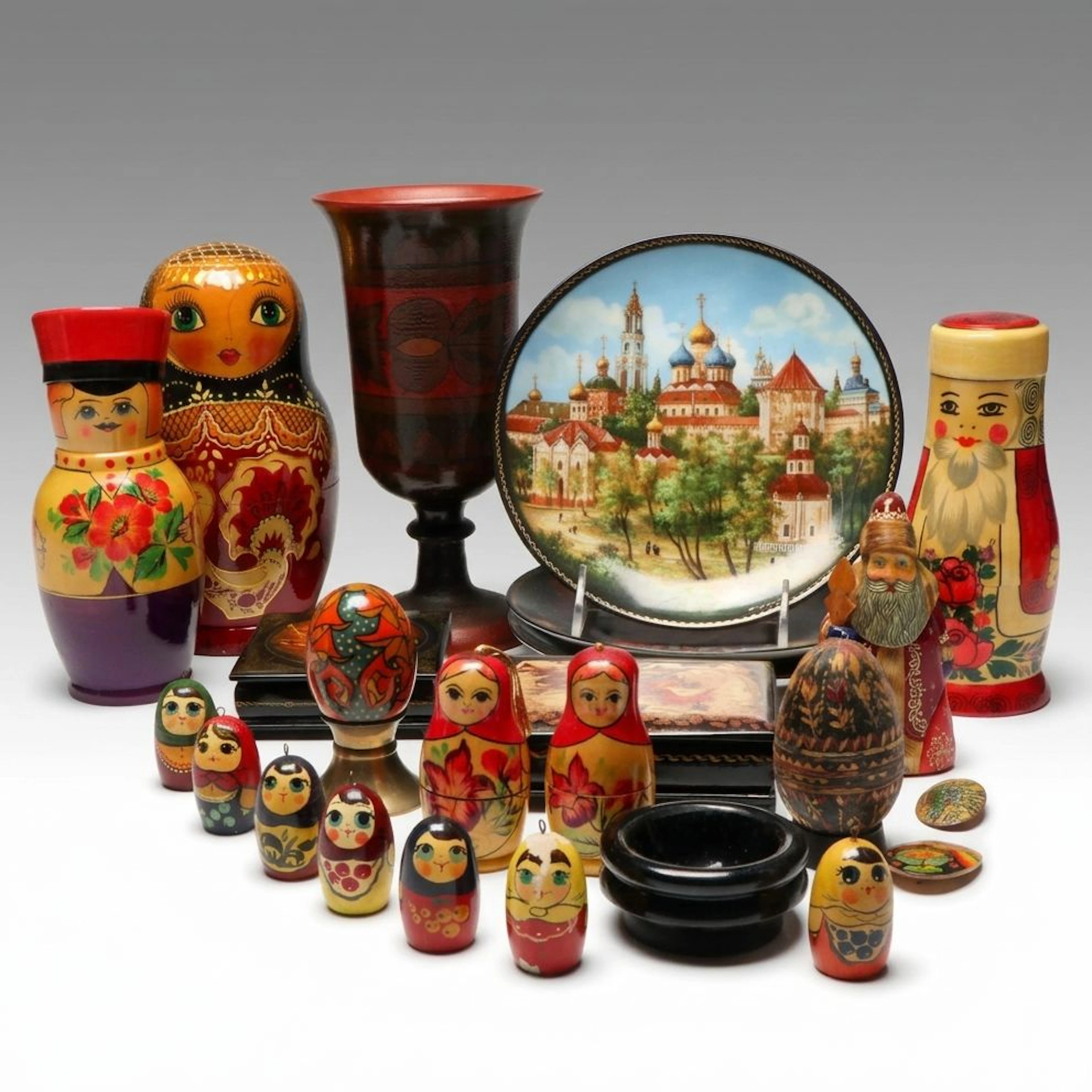 Russian Matryoshka Dolls, Lacquerware Boxes, Porcelain Plate and More