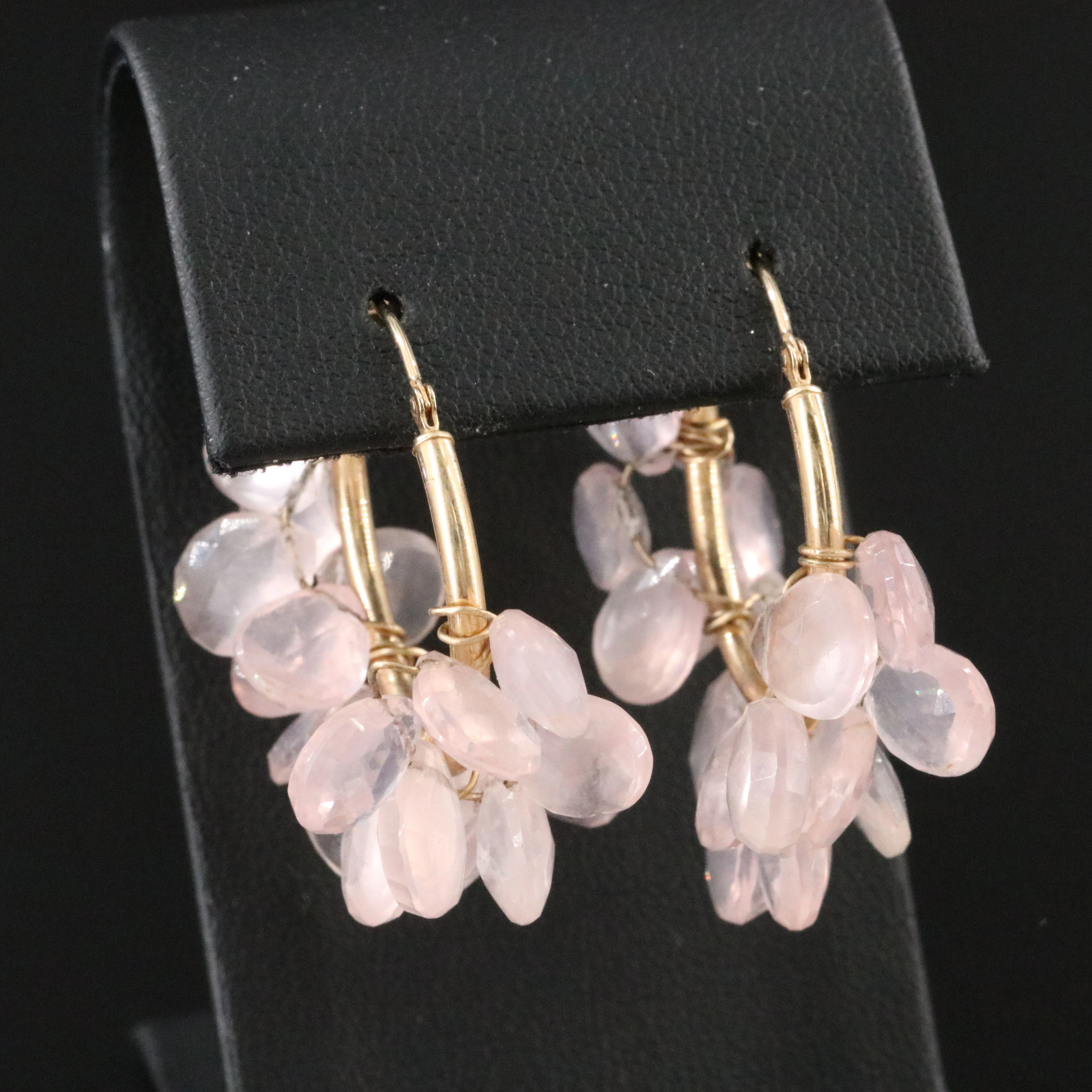 14K Rose Quartz Cluster Hoop Earrings