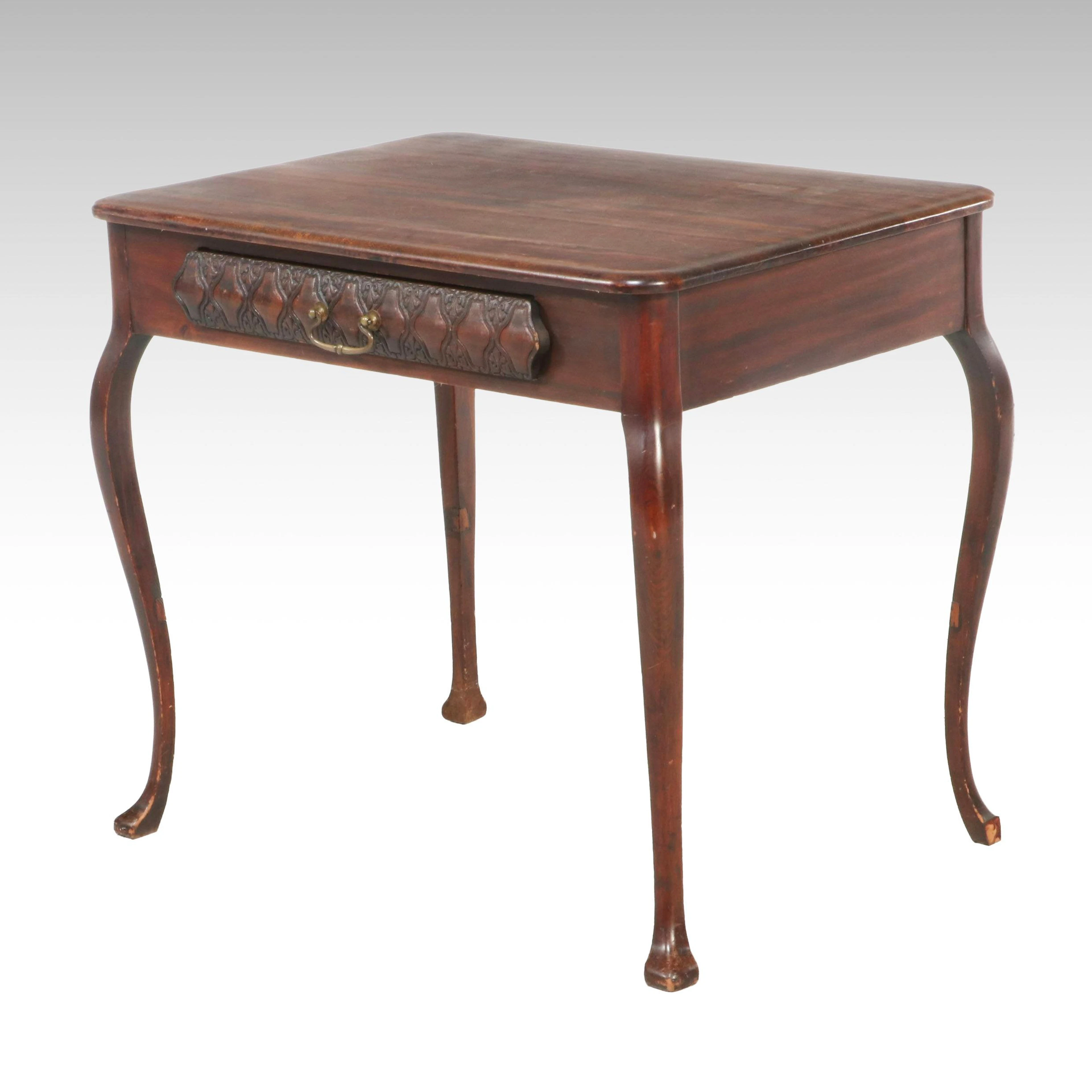 French Provincial Style Carved Walnut Side Table with Single Drawer