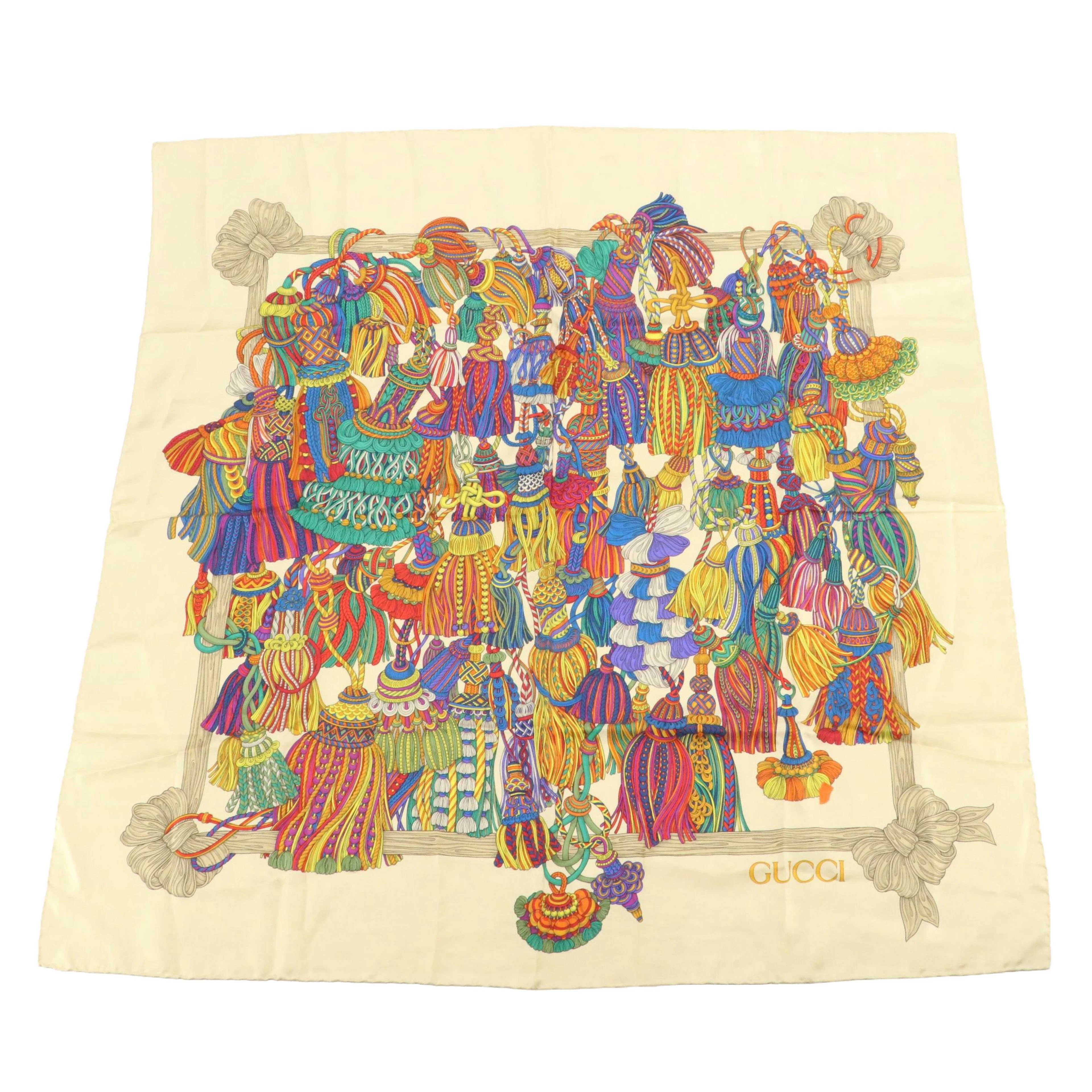 Gucci Silk Twill Carré Scarf with Multicolor Tassels Print