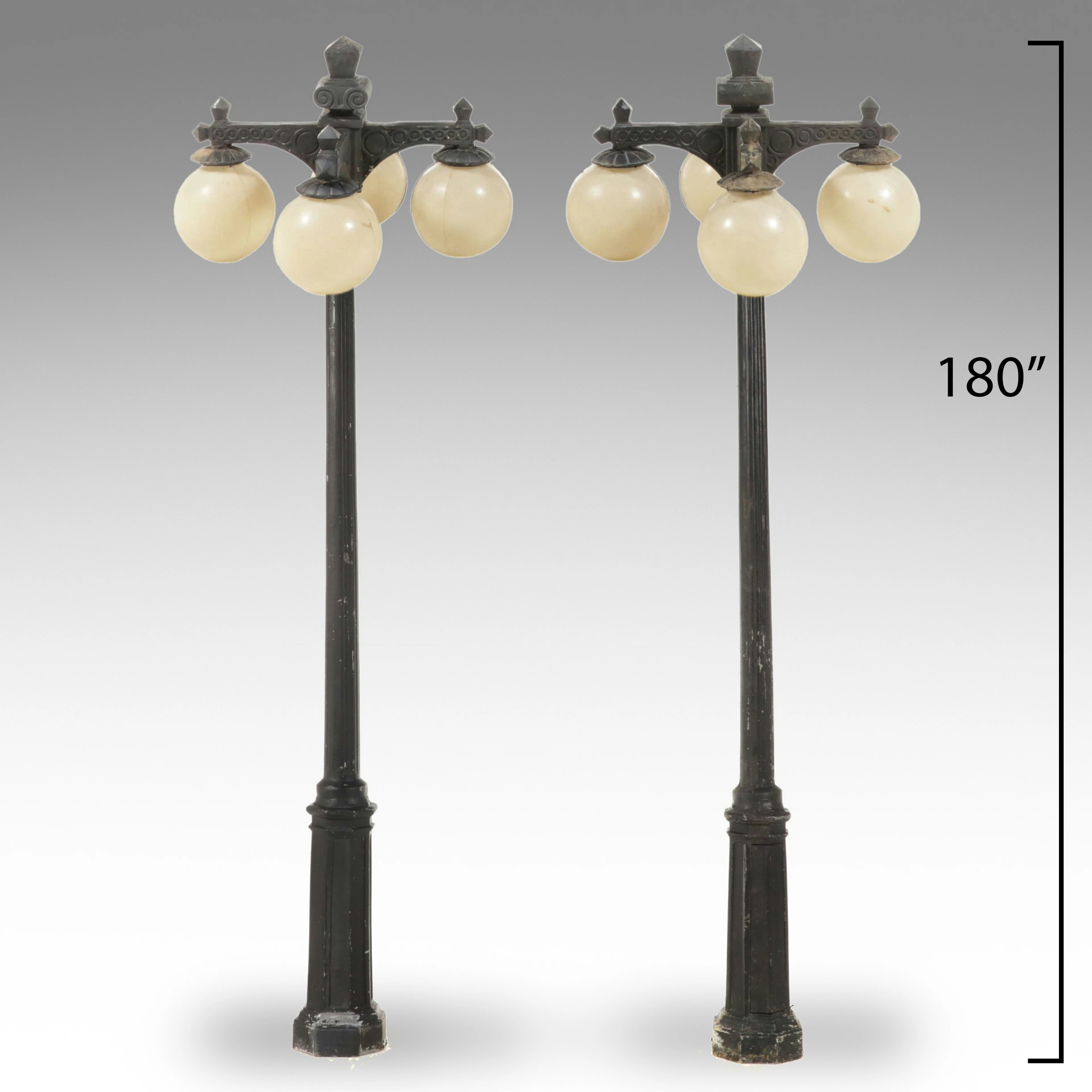 Pair of Art Deco Painted Metal Four-Pendant Street Lights, Circa 1930s