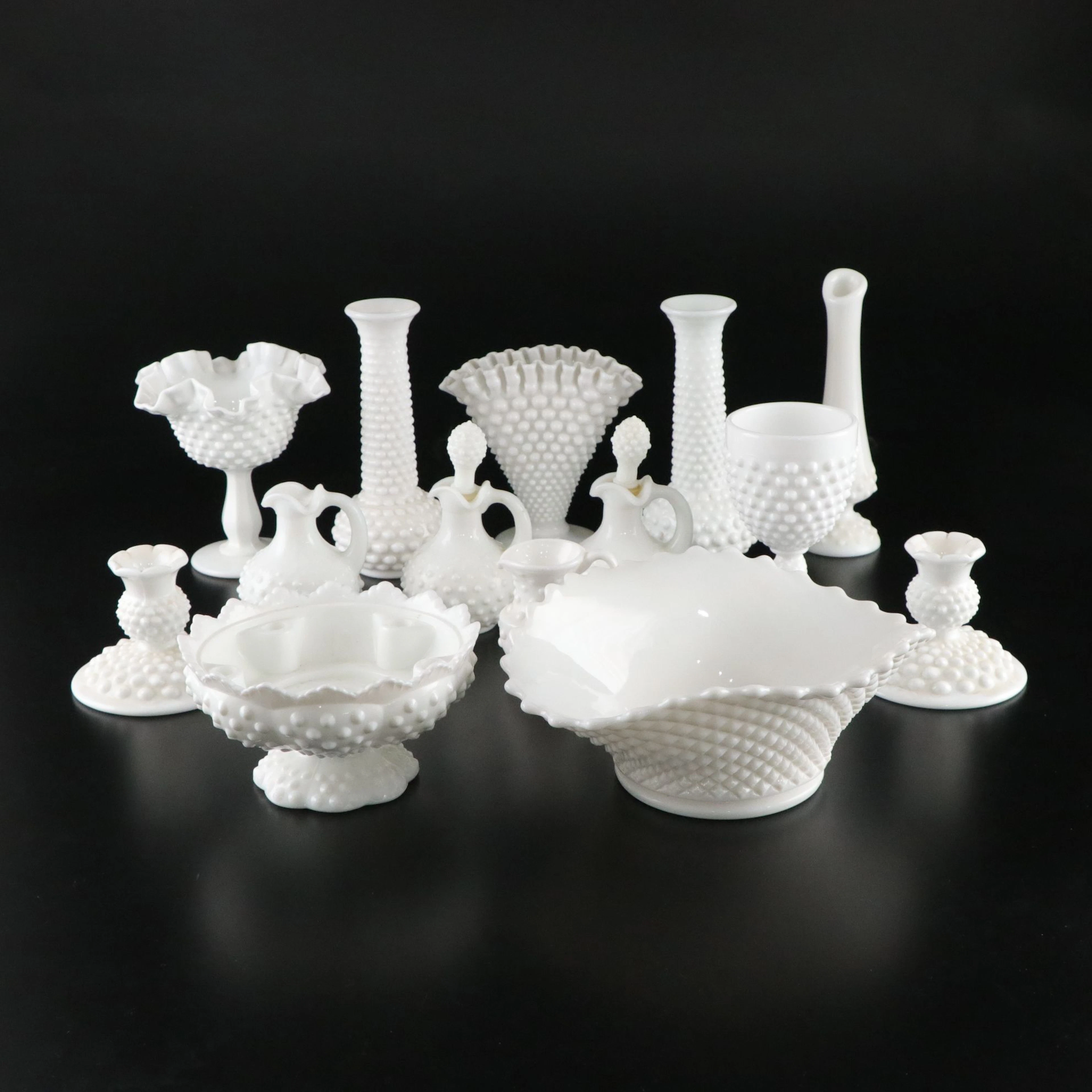 Fenton and Other "Hobnail" Milk Glass Vases, Water Goblet, Candy Dish, & More