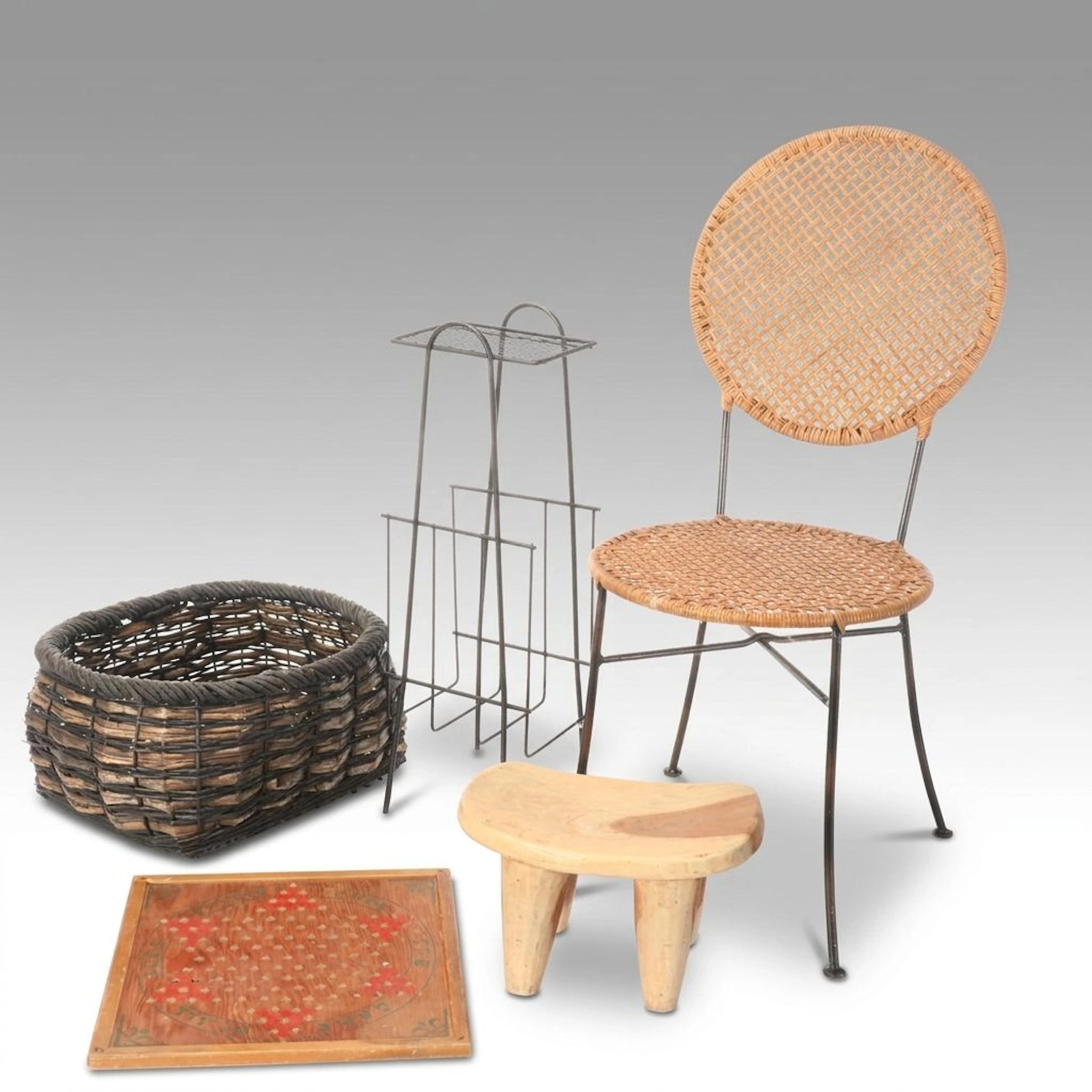 Collection of Accent Furniture, Including Stool, Plant Stand, and Woven Chair