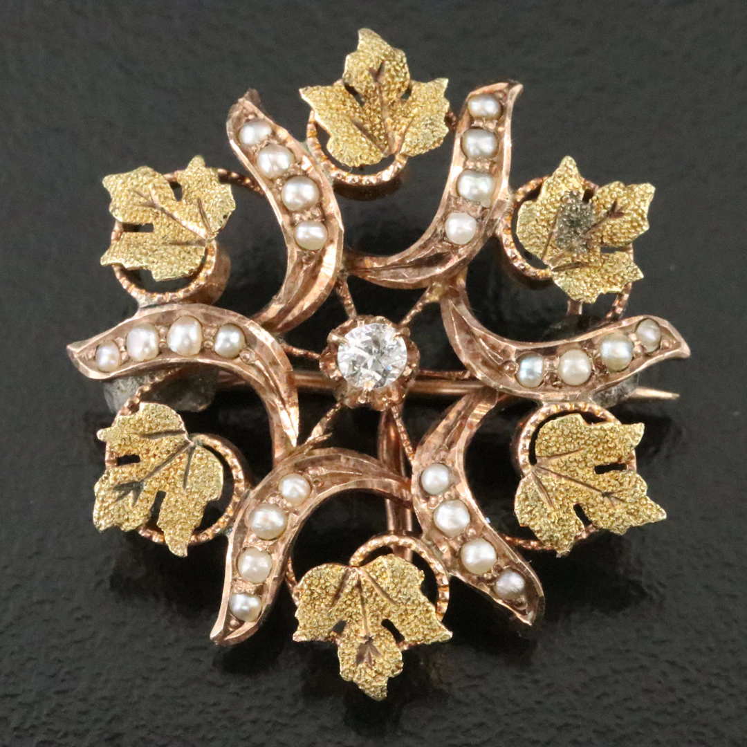 Victorian 14K 0.06 CT Diamond and Seed Pearl Ivy Leaf Circle Brooch