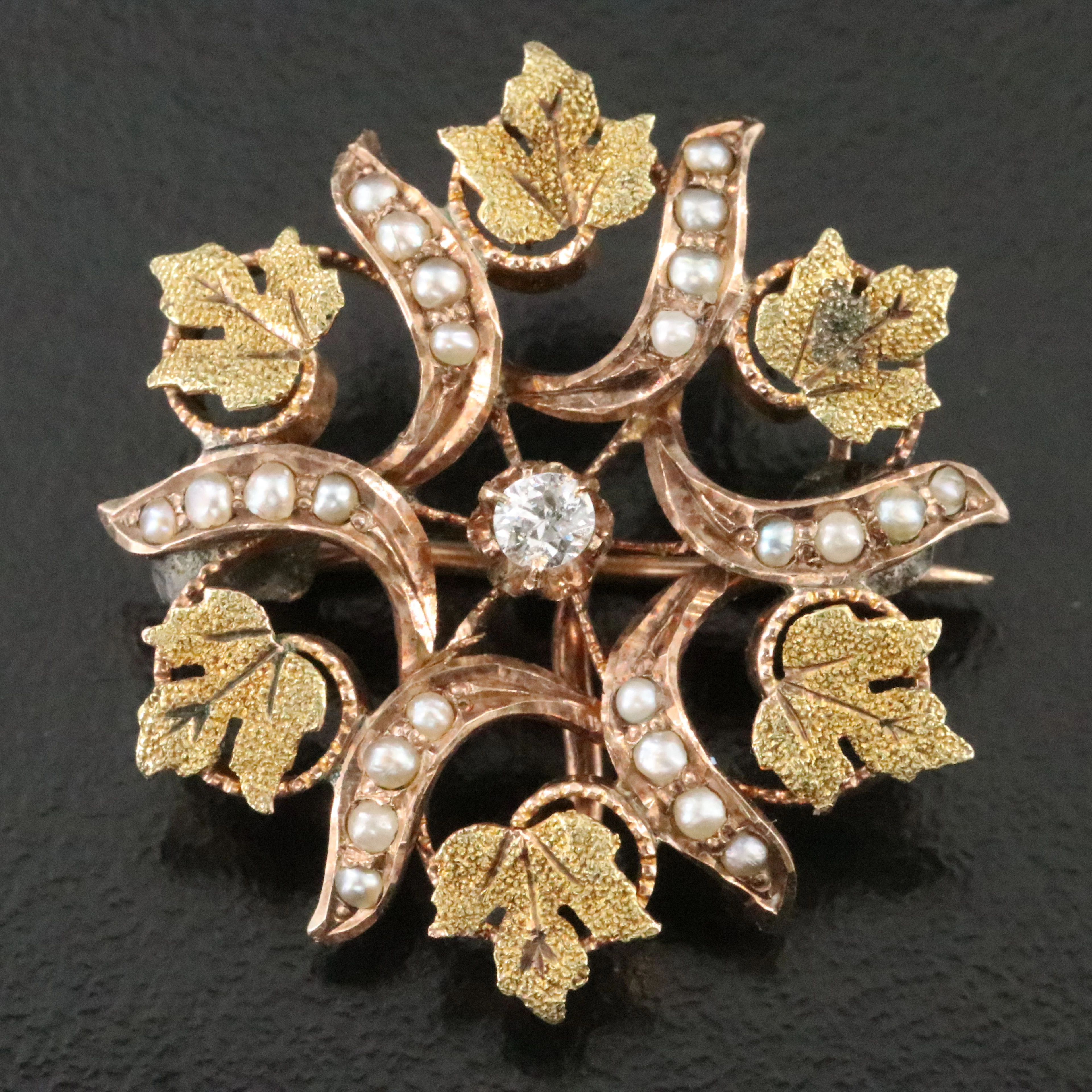 Victorian 14K 0.06 CT Diamond and Seed Pearl Ivy Leaf Circle Brooch