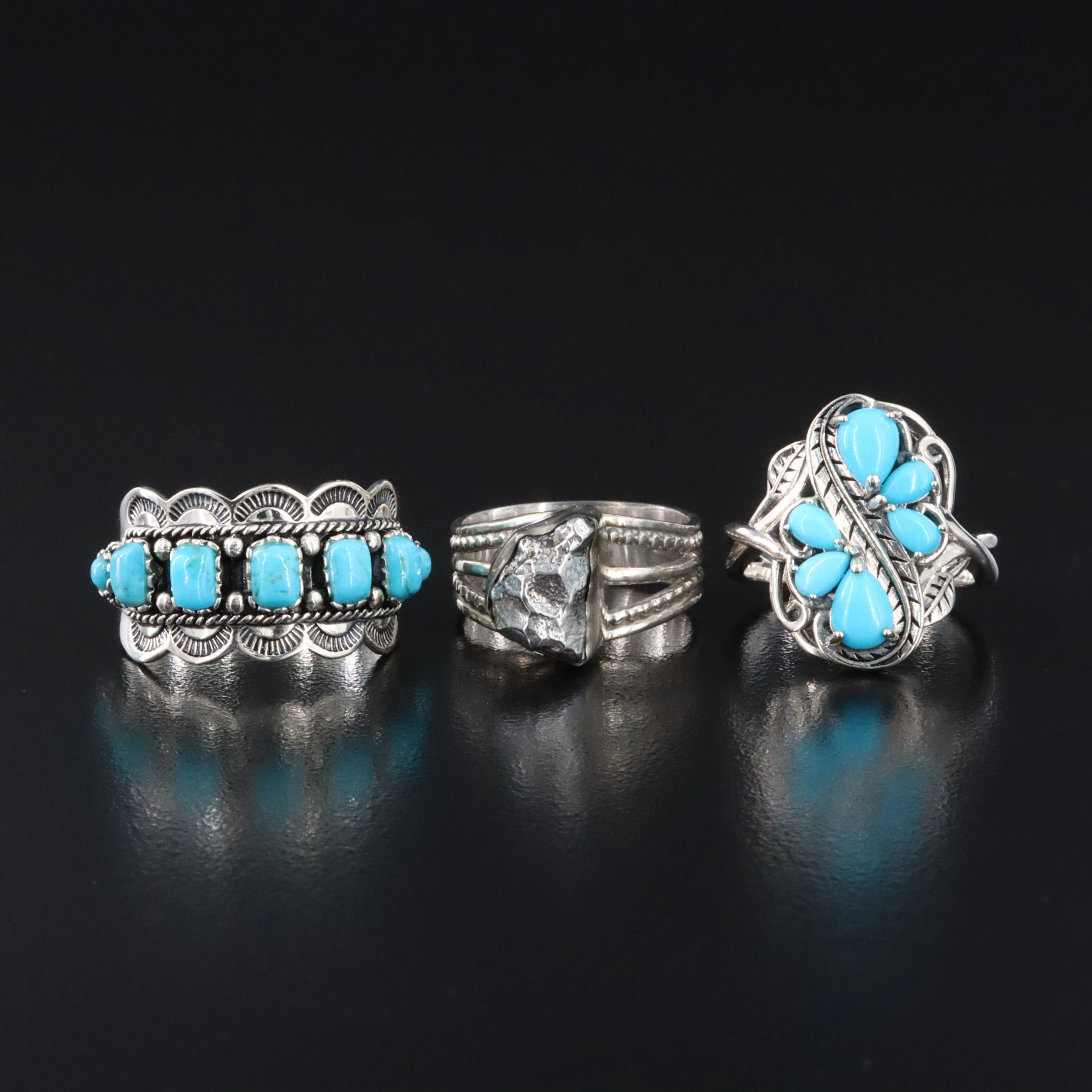 Sterling Turquoise and Faux Meteorite Rings