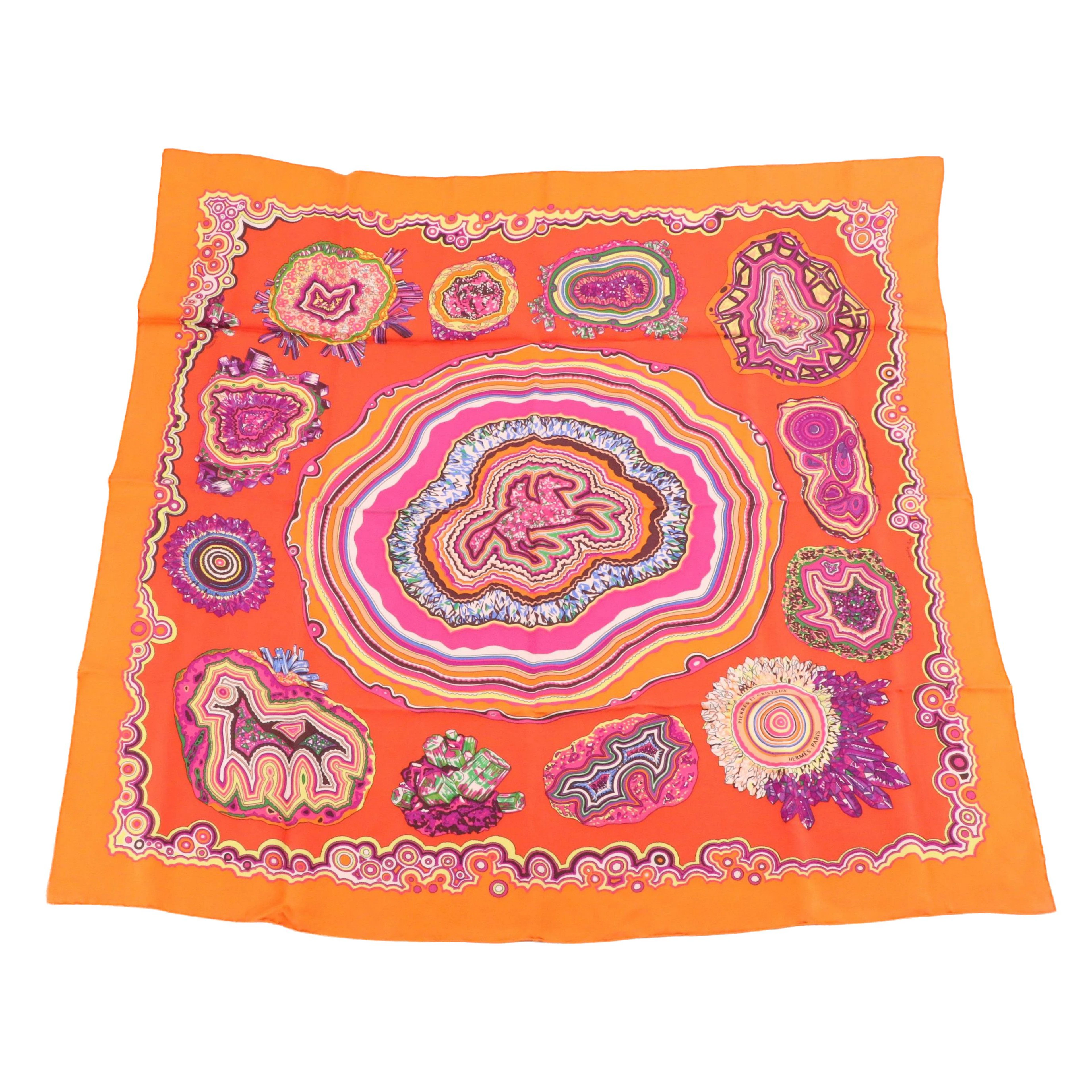 Hermès "Pierres et Cristaux" Scarf 90 in Orange Silk Twill