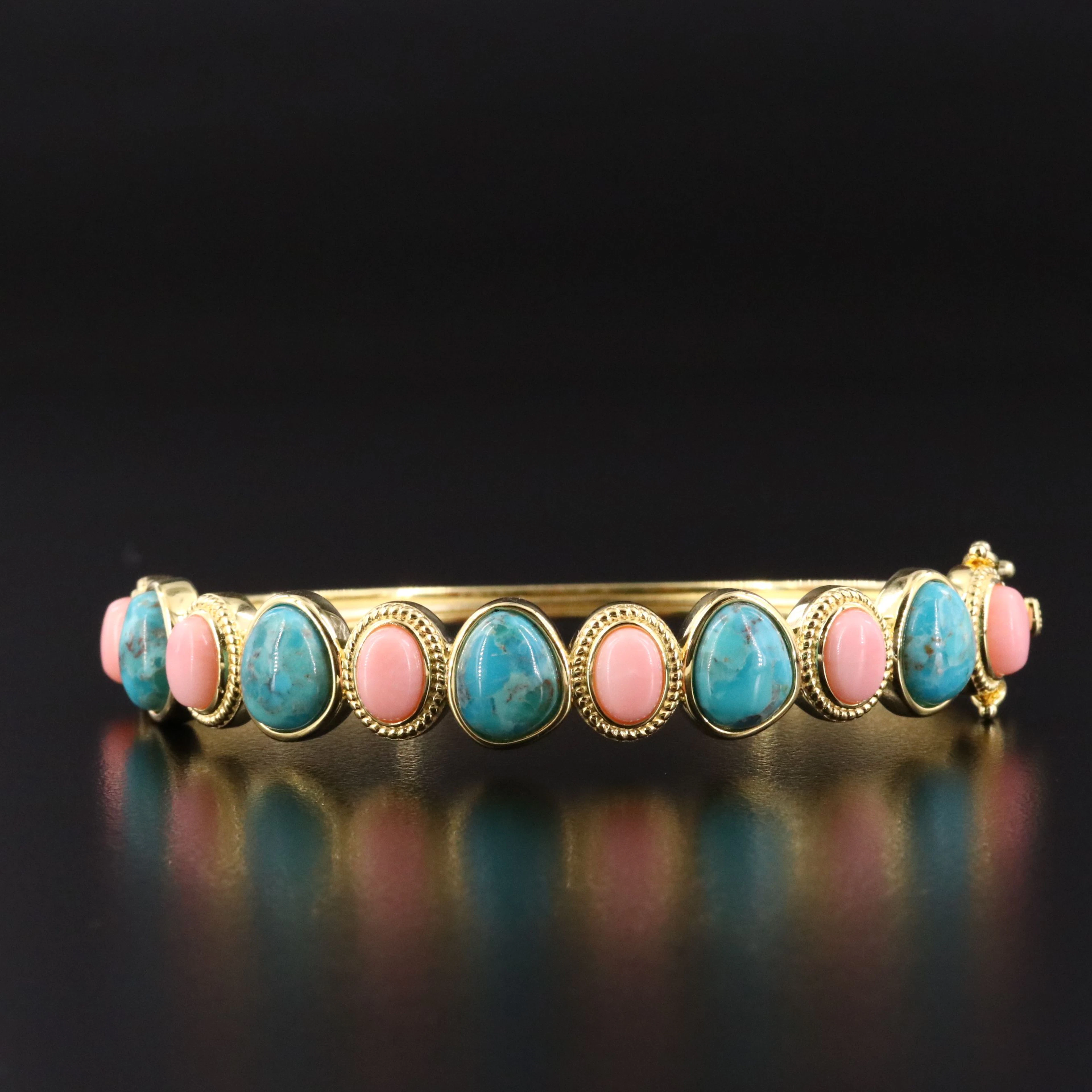 Sterling Coral and Imitation Turquoise Hinged Bangle Bracelets