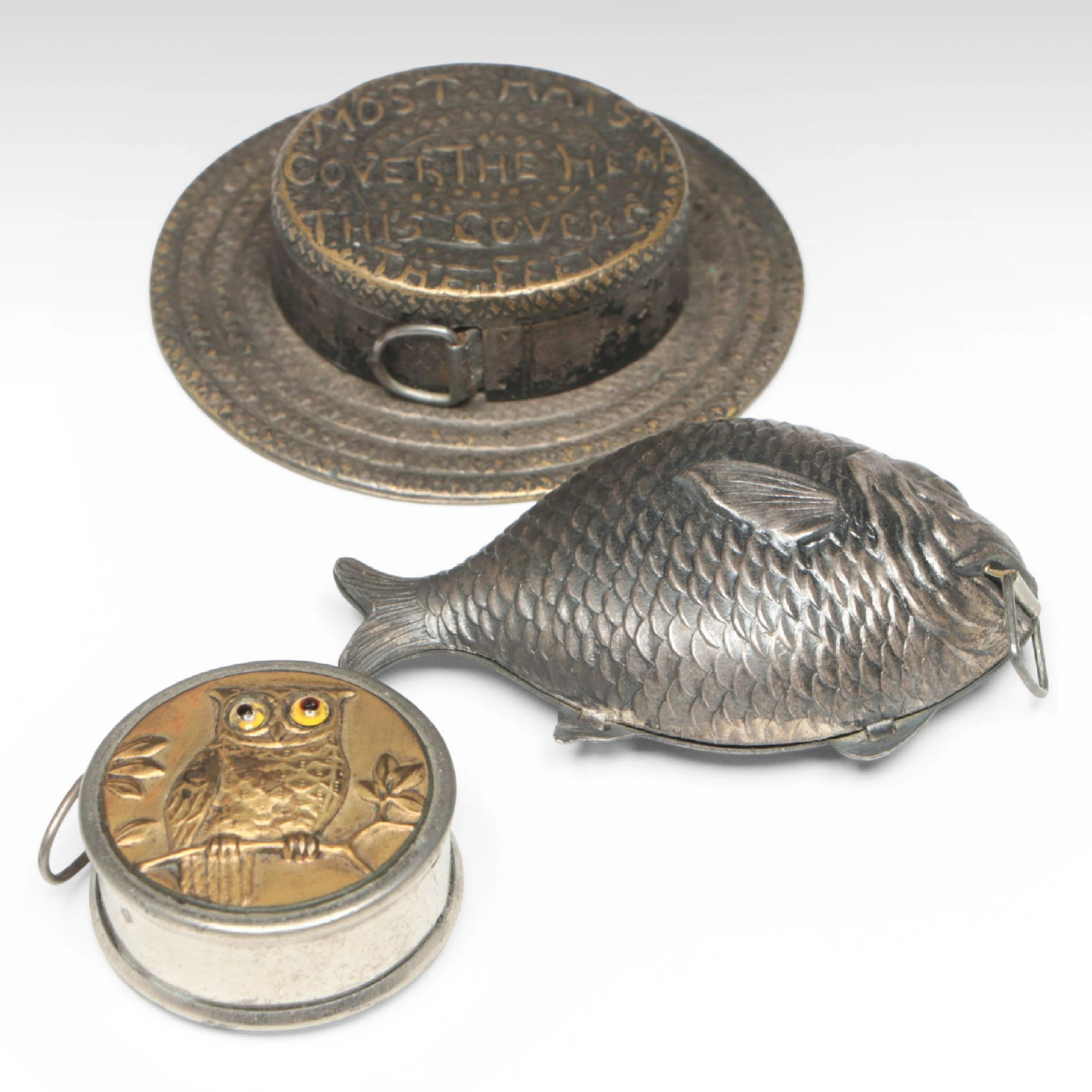 German Glass Eyed Owl with Fish and Hat Novelty Tape Measures, Early 20th C.