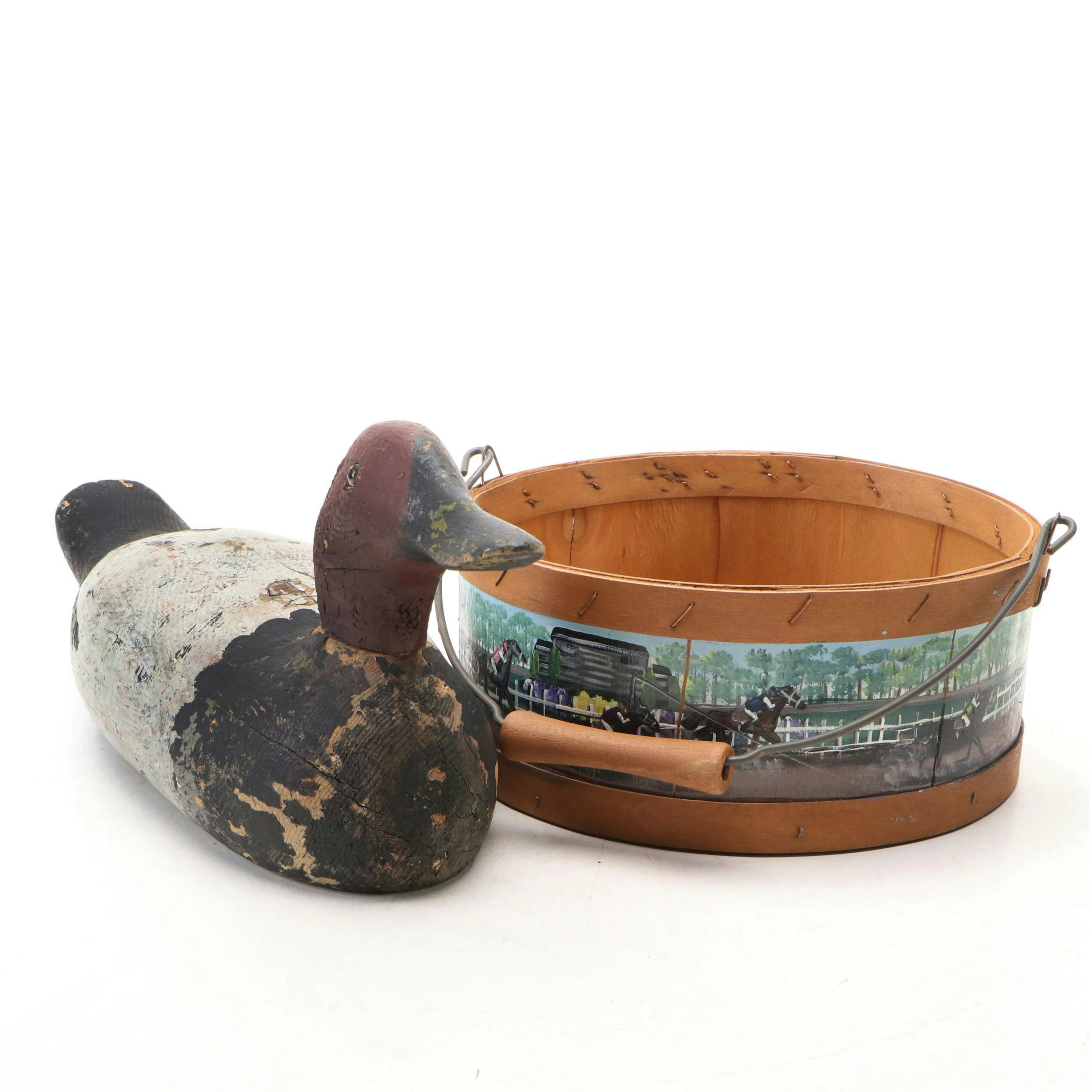 Primitive Style Carved Wooden Duck Decoy and Hand-Painted Keeneland Basket