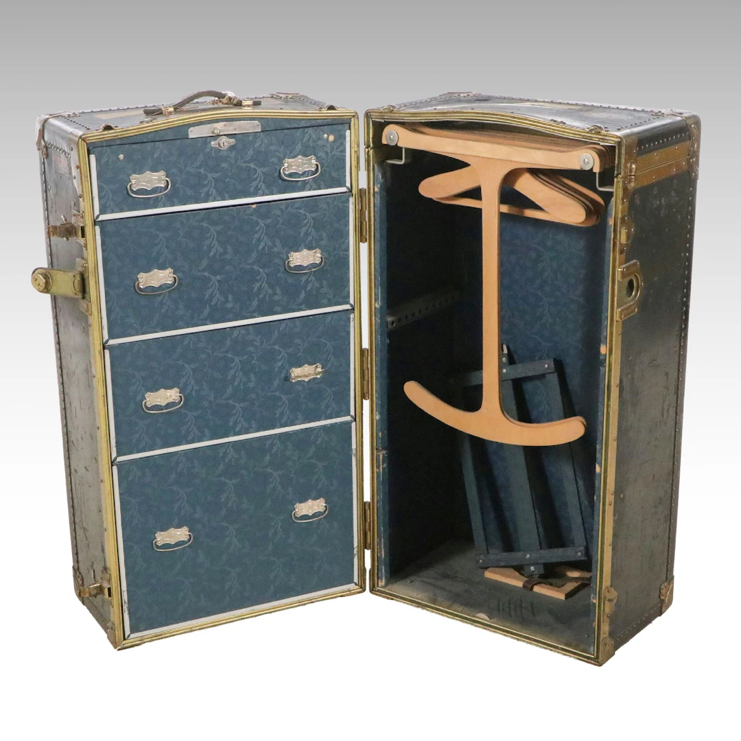 Mendel Trunk Co. Steamer Wardrobe Trunk with Hotel Travel Decals, Early 20th C.