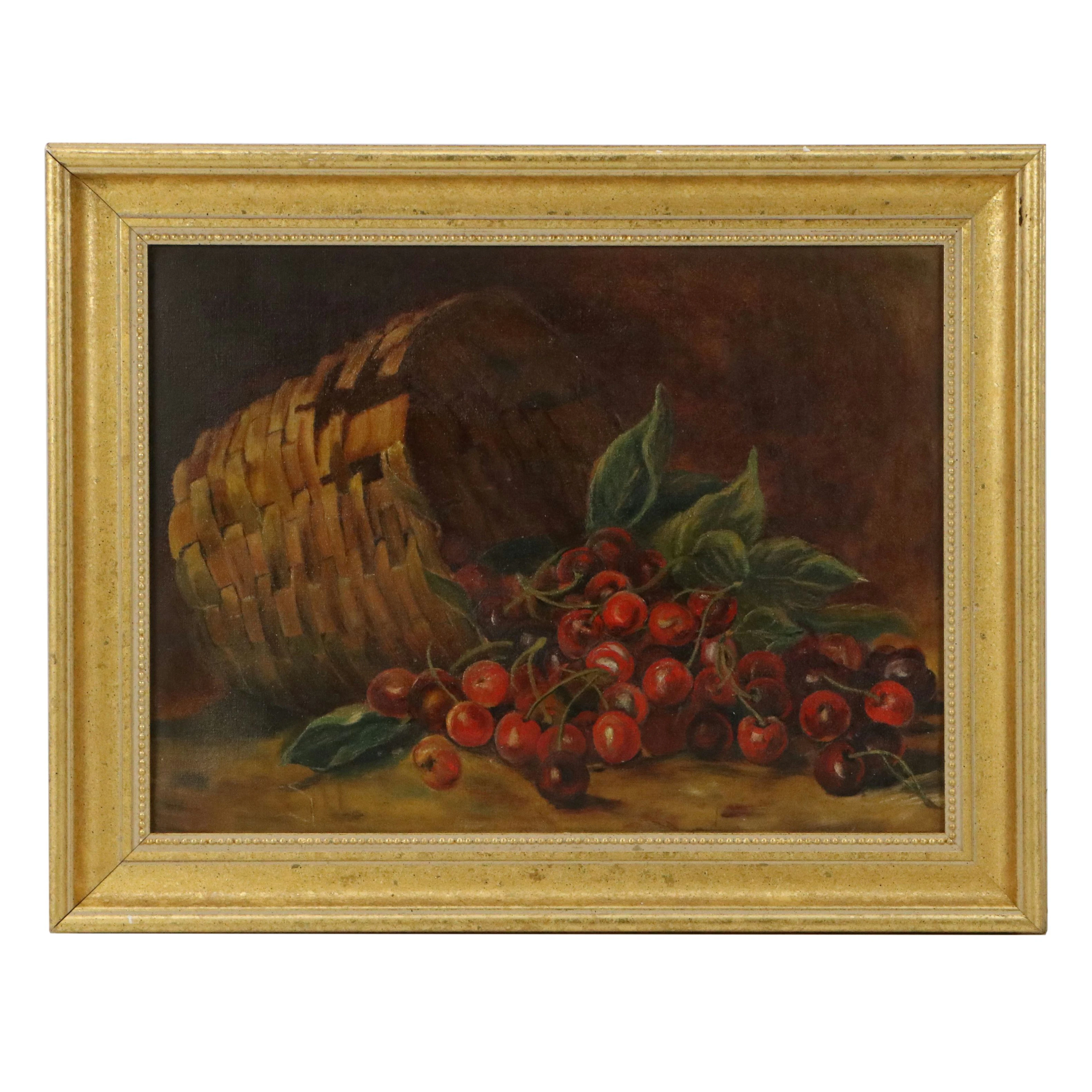 Still Life Oil Painting of Fallen Bushel of Cherries, 19th to Early