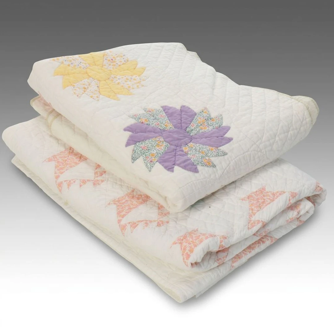 Hand-Pieced "May Basket" and "Dresden Plate" Patchwork Quilts, Vintage