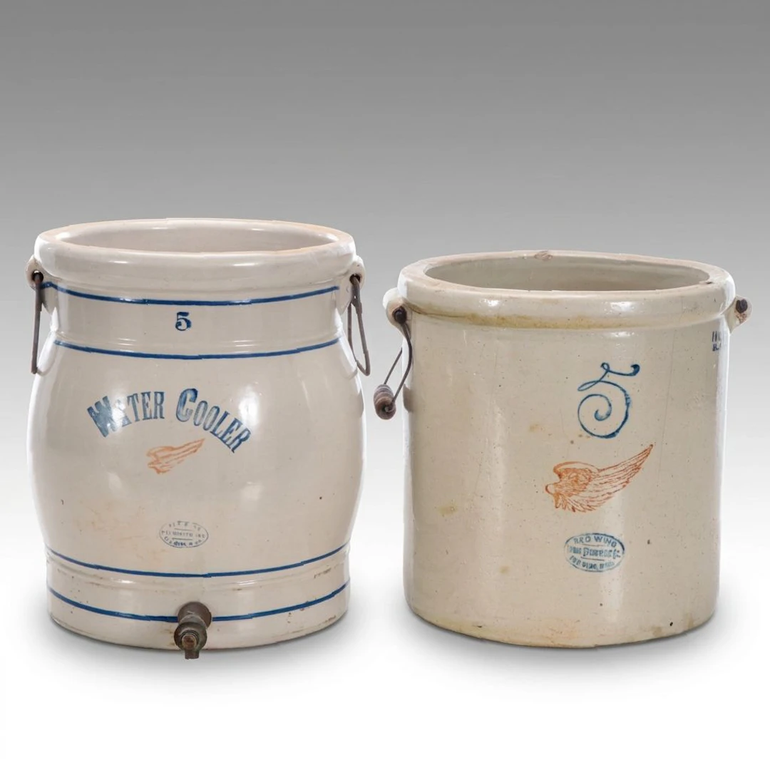 Red Wing 5-Gallon Stoneware Water Cooler and Handled Crock, Early 20th C.