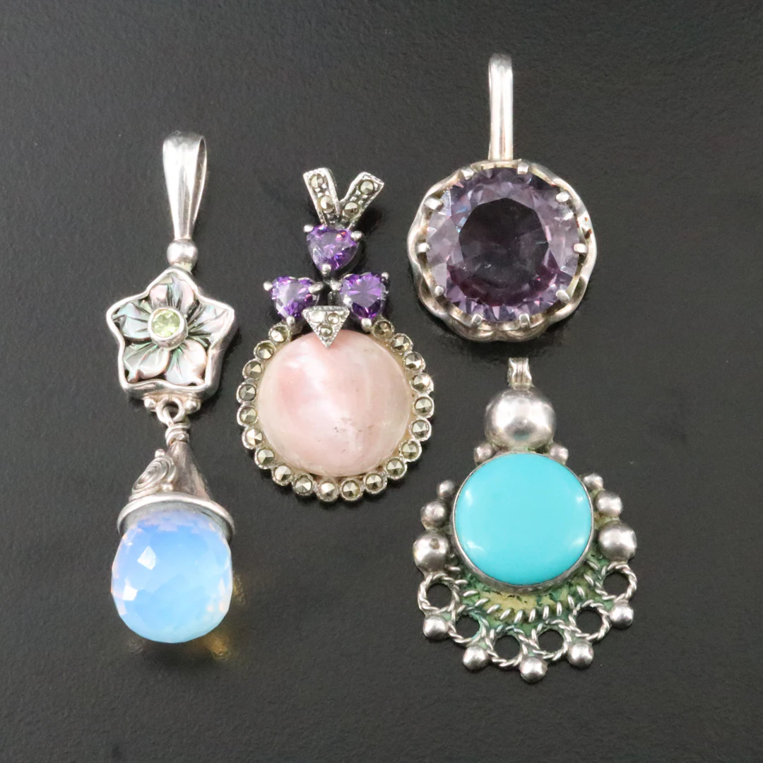 Sterling Artist Signed Mother-of-Pearl, CZ, and Sapphire Pendants