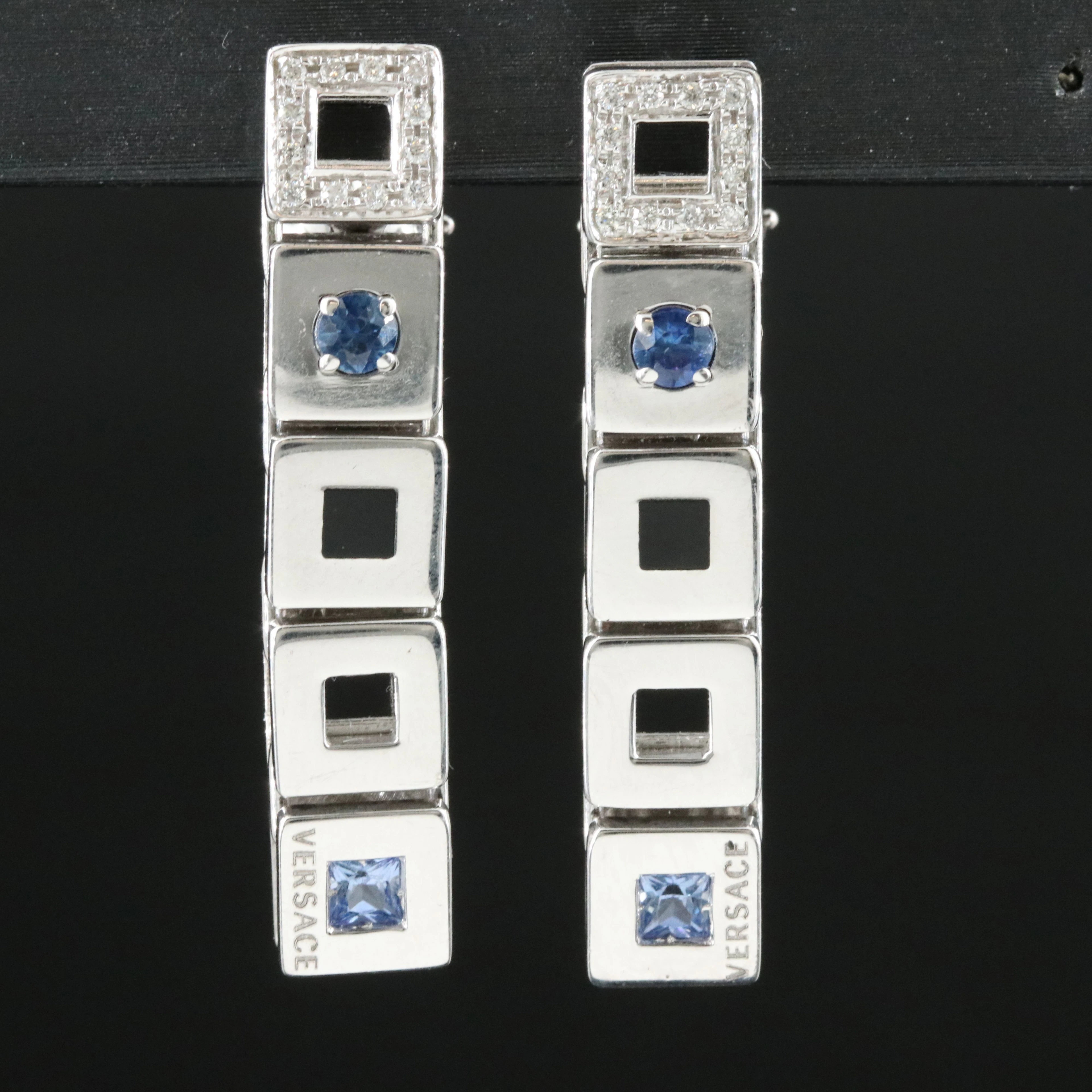 Versace 18K Blue Sapphire and Diamond Square Drop Earrings