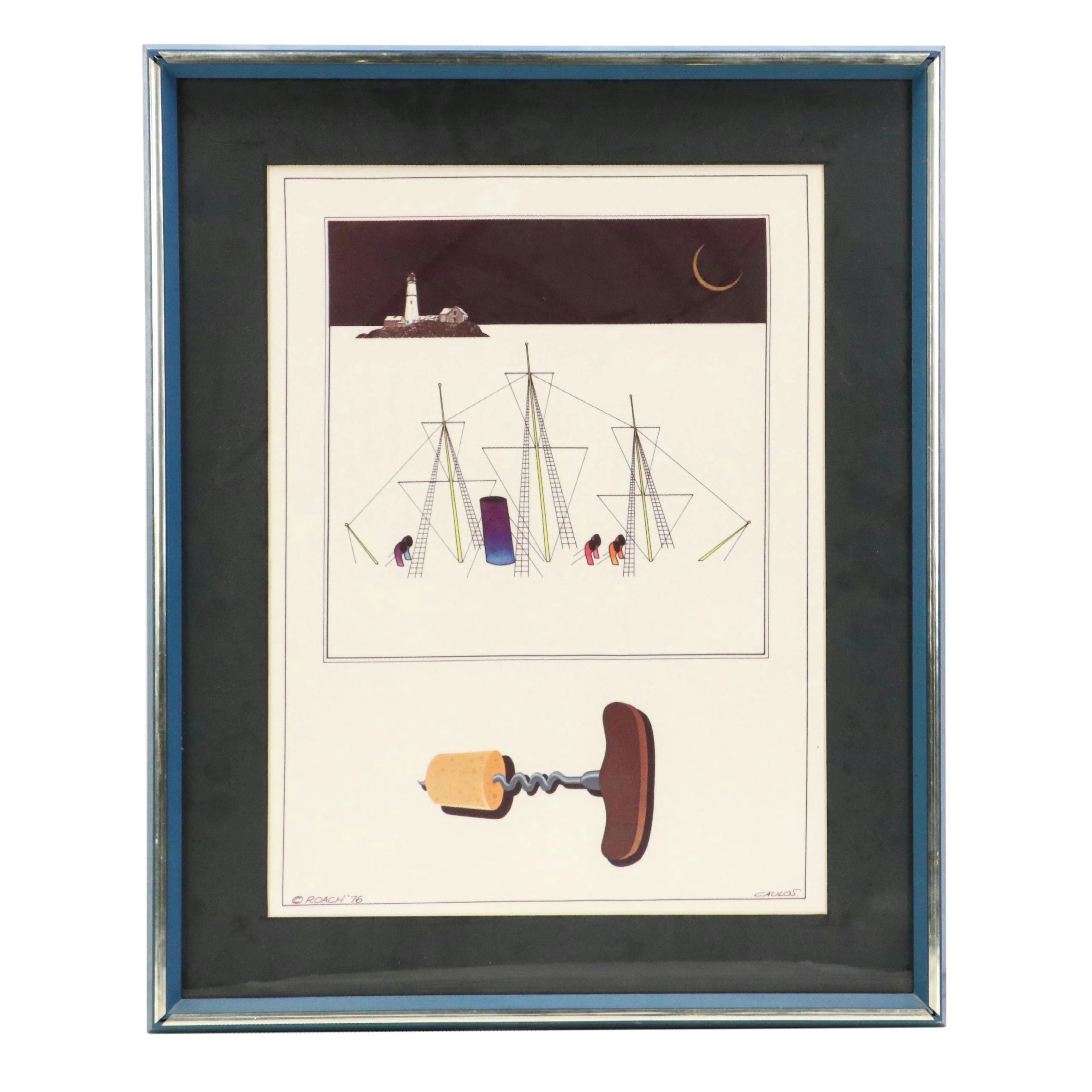 Surreal Nautical Scene Printed Fabric After Roach, 1976