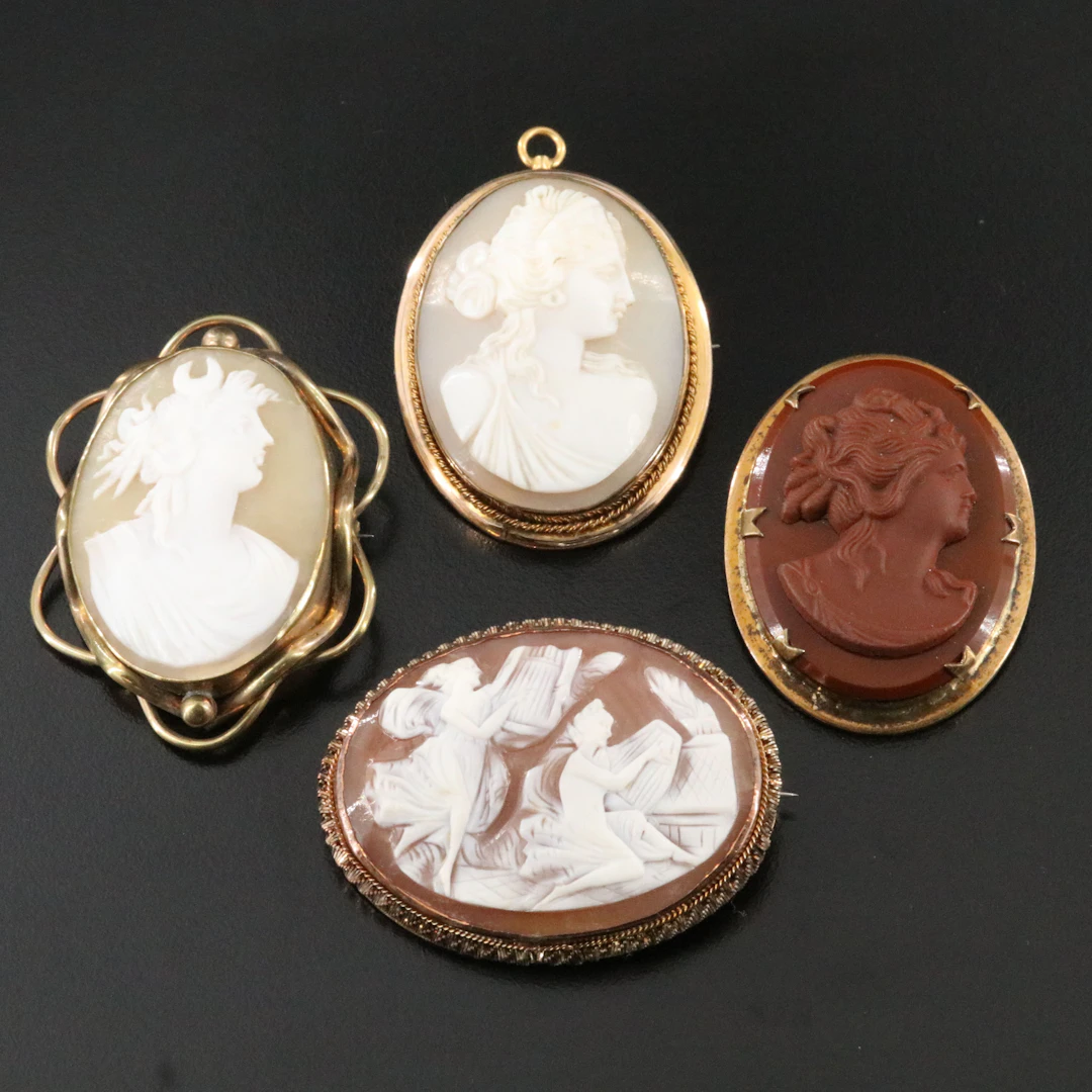 Greco-Roman Revival Cameo Brooches Including Artemis, Psyche & Muses
