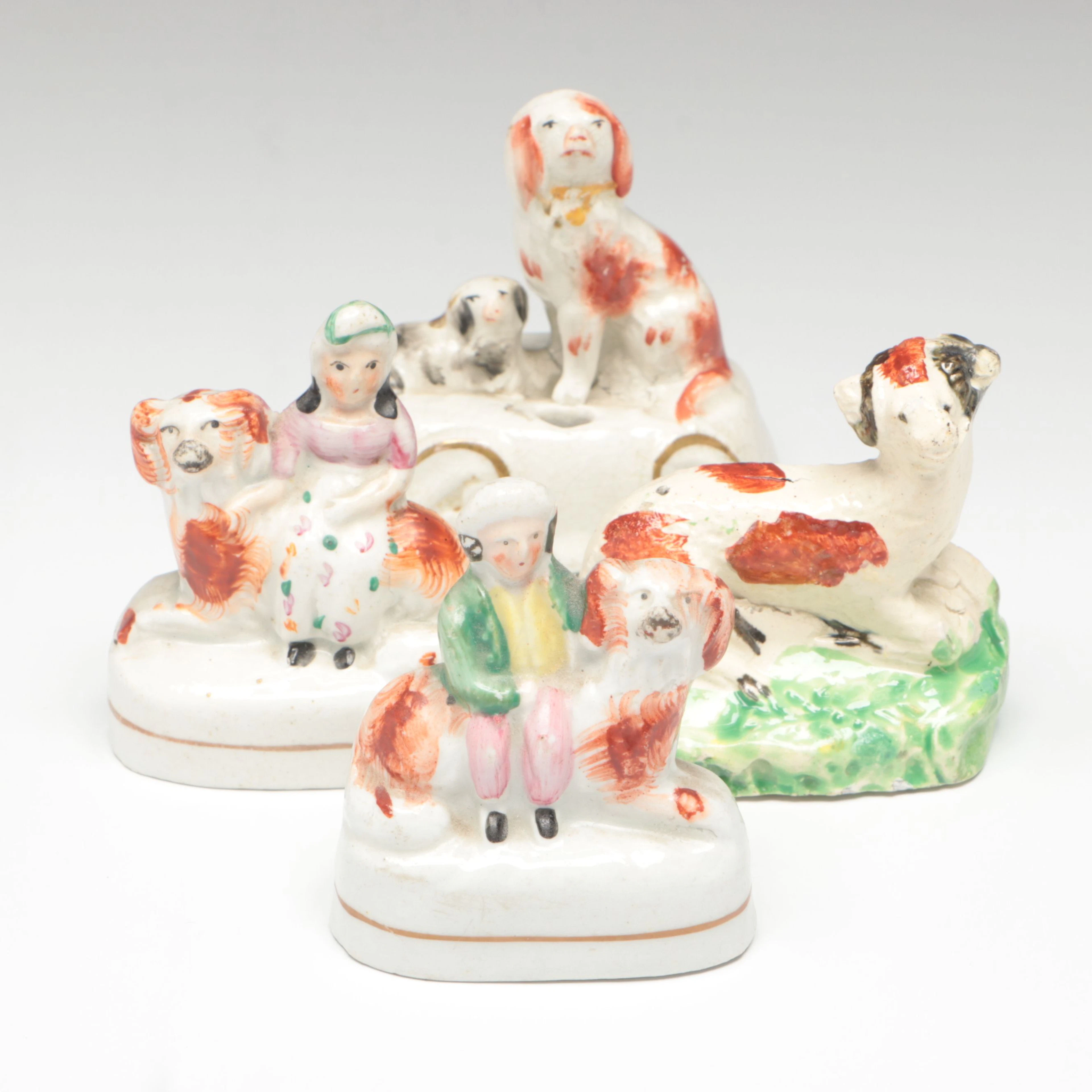Staffordshire English Earthenware Spaniels and Lamb, 19th Century