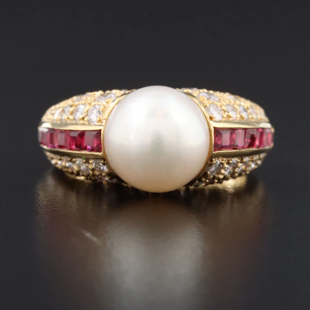 18K Pearl, Ruby and Diamond Ring