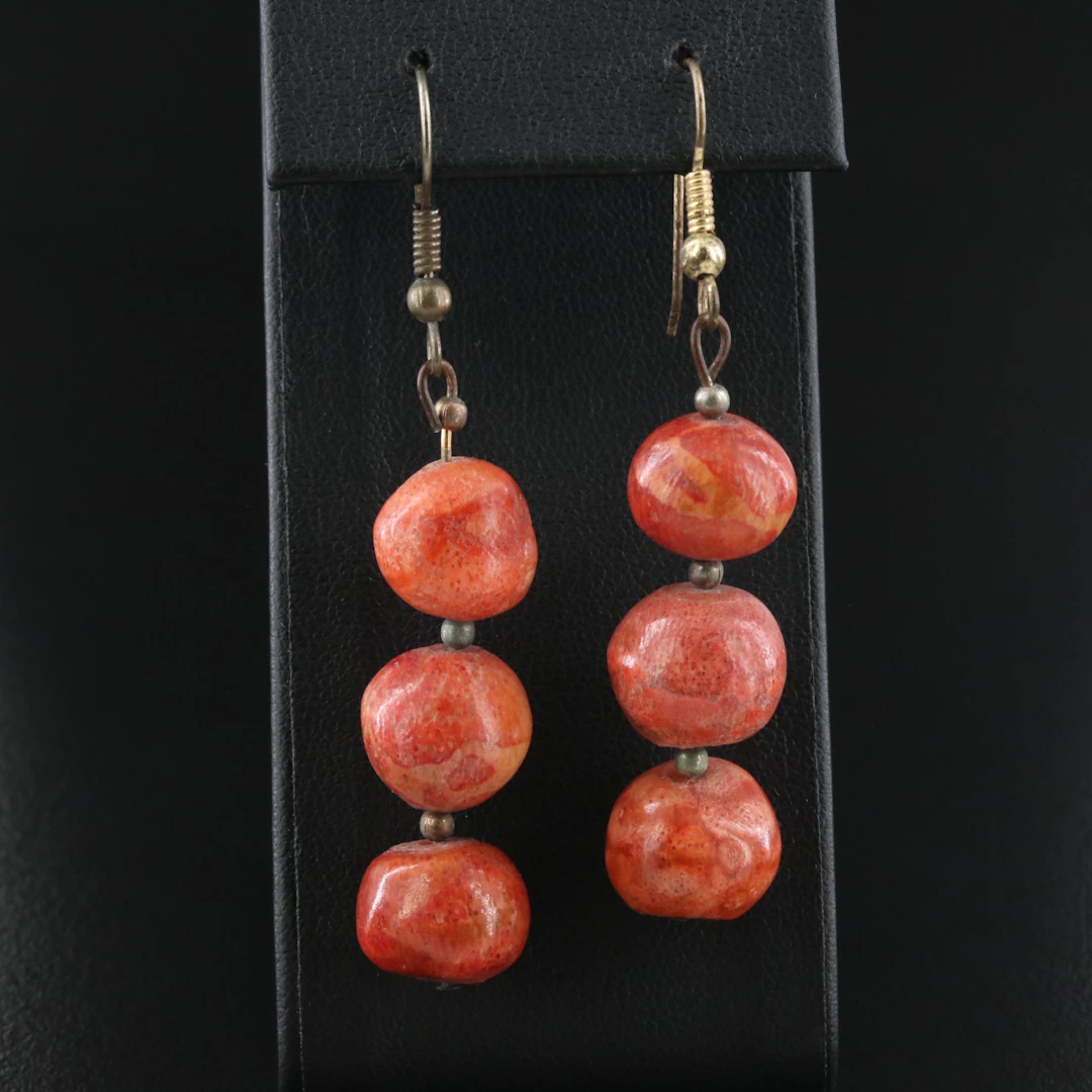 Vintage Carved Coral Bead Earrings