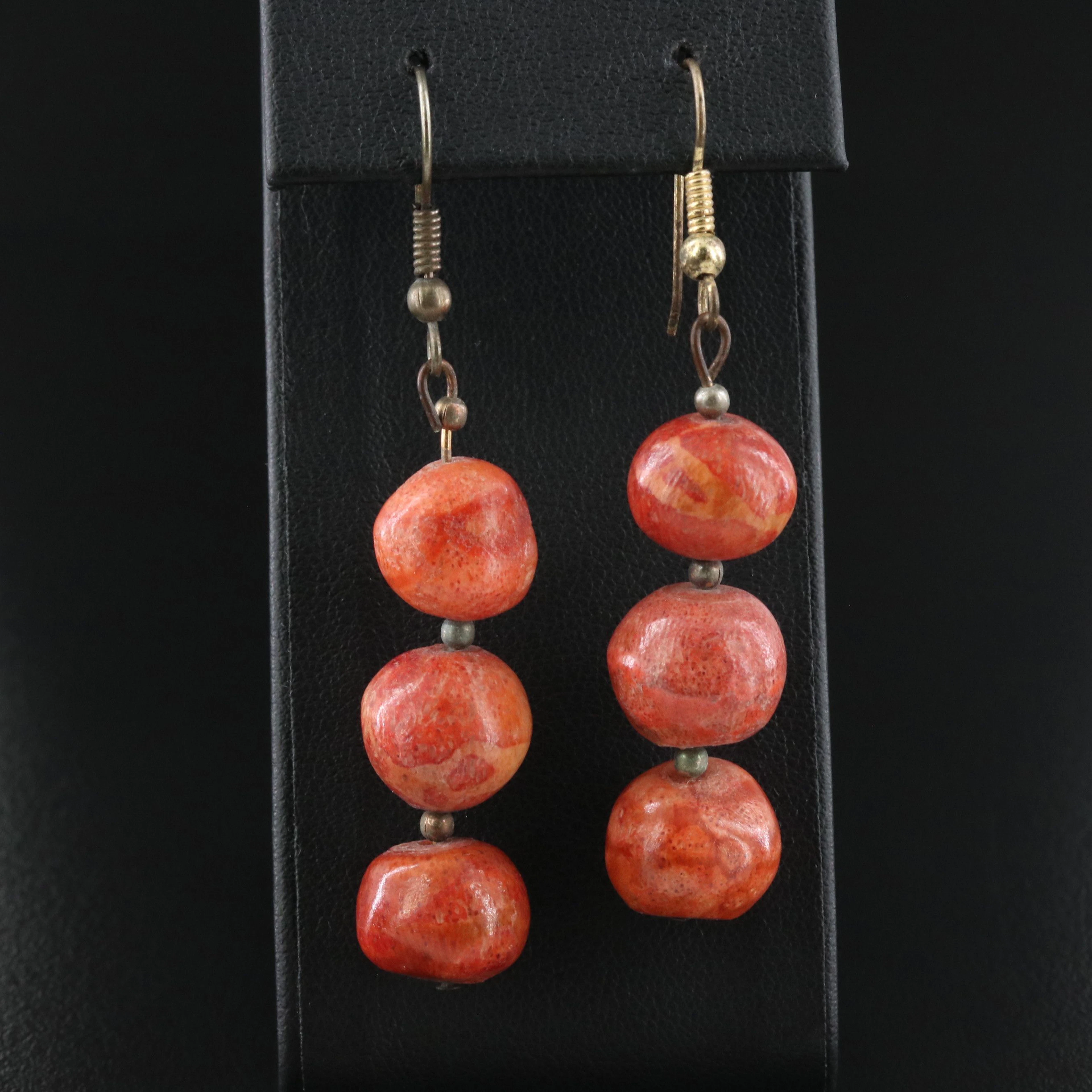 Vintage Carved Coral Bead Earrings