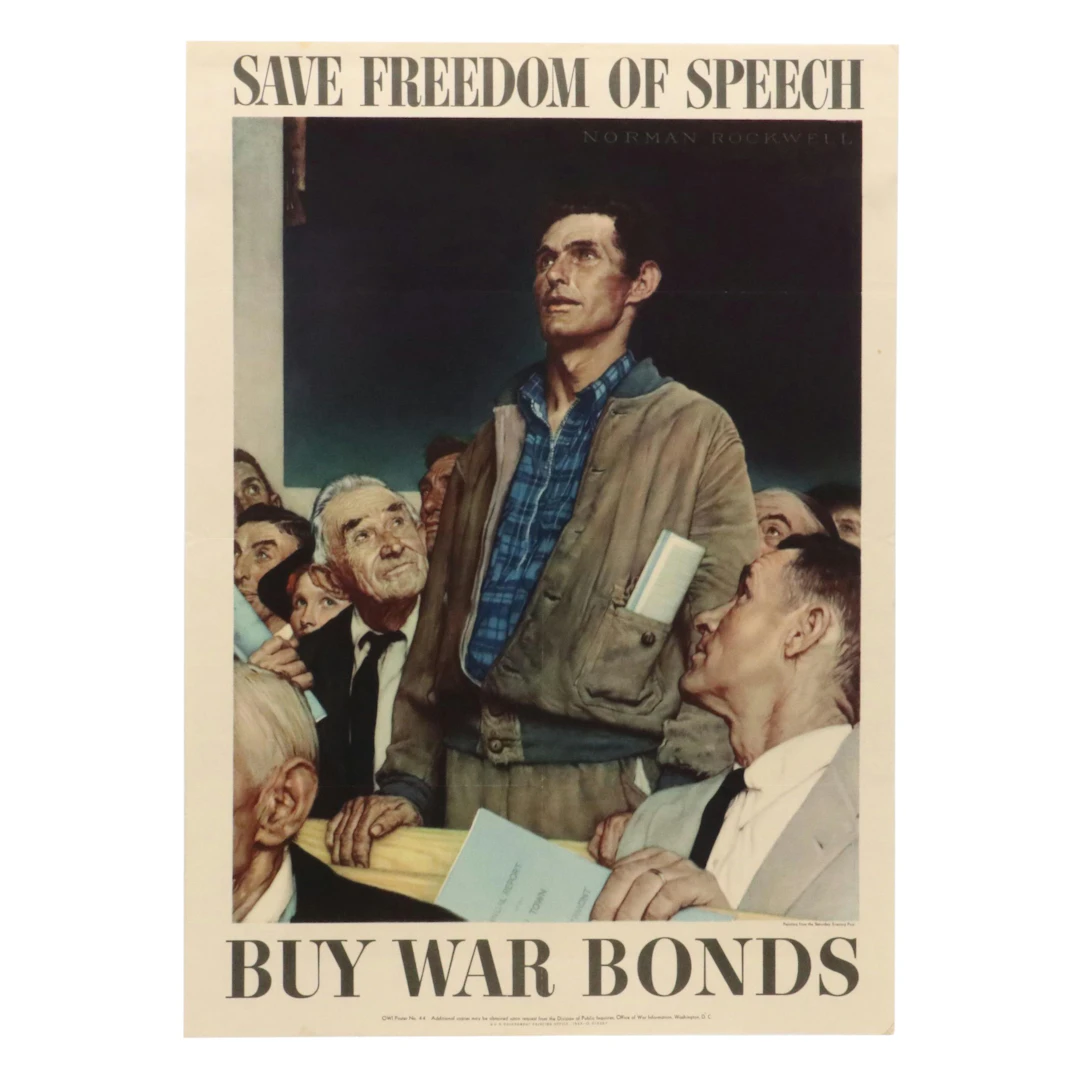 WWII OWI War Bonds Poster After Norman Rockwell "Save Freedom of Speech," 1943