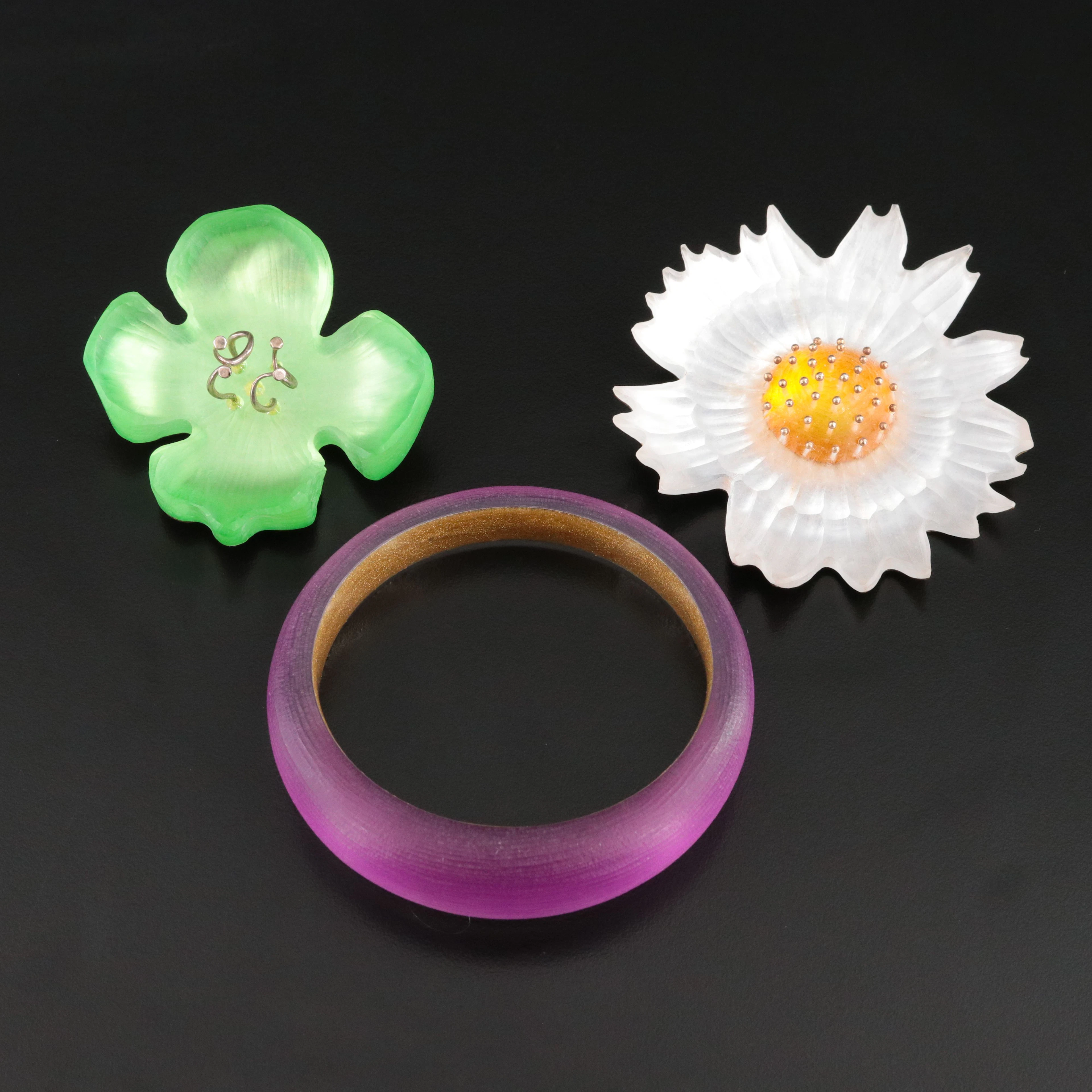 Alexis Bittar Lucite Flower Brooches and Bangle