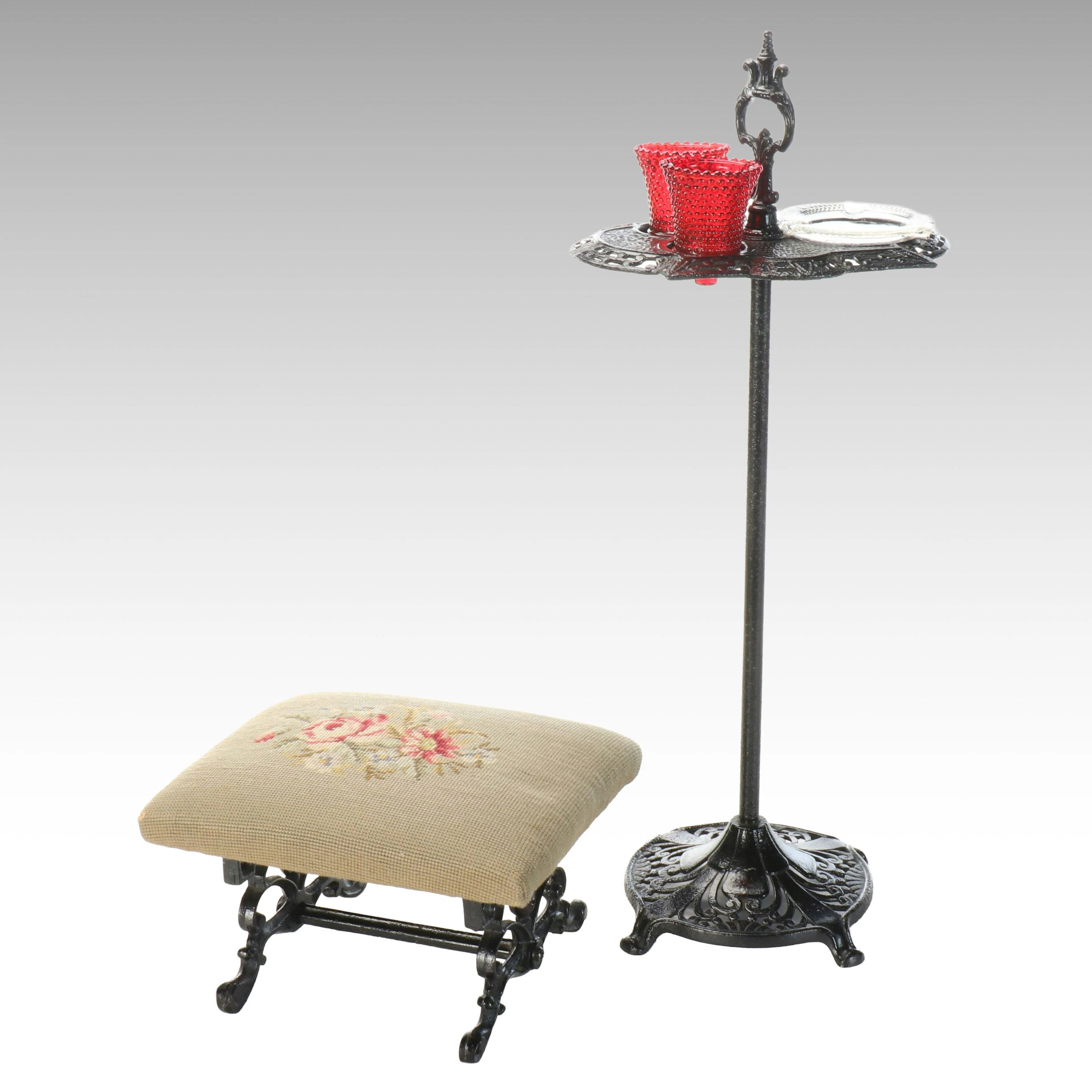 Victorian Style Cast Iron Smoking Stand with Ruby Glass Inserts and Footstool