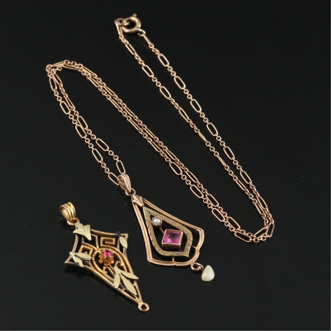 Art Nouveau Glass and Seed Pearl Pendants Including 10K with Figaro Chain