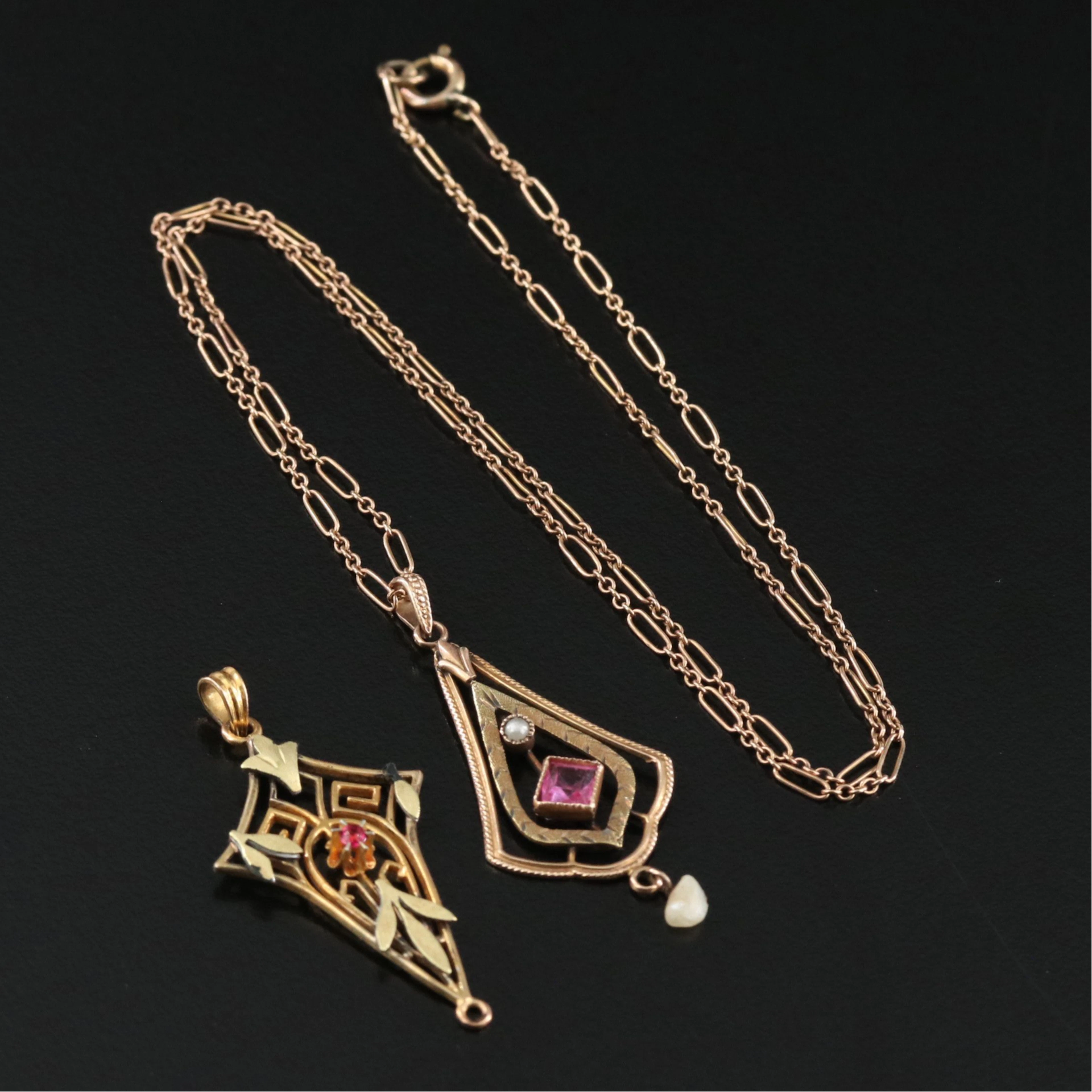 Art Nouveau Glass and Seed Pearl Pendants Including 10K with Figaro Chain