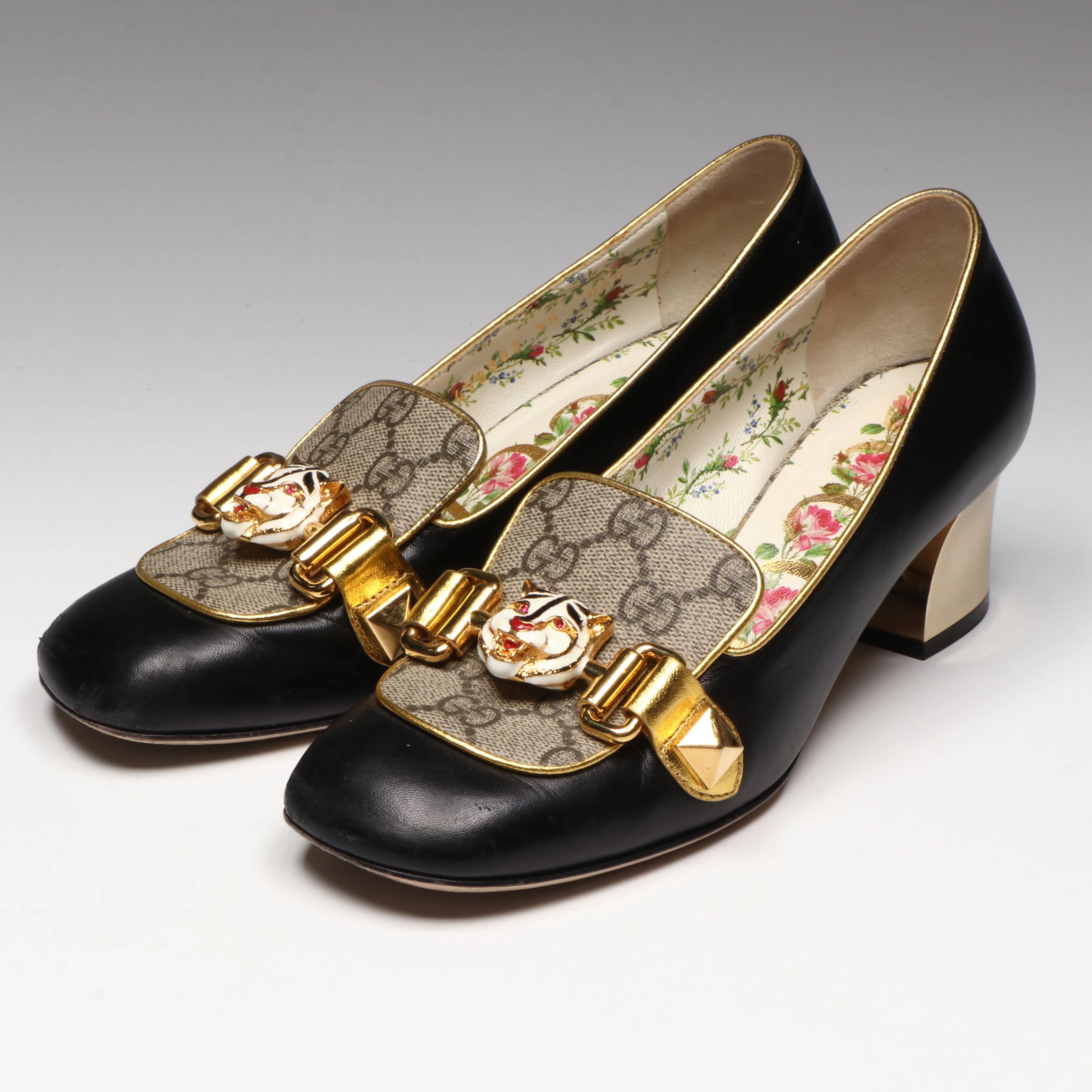Gucci Tiger Head Horsebit Loafer Pumps in GG Supreme Canvas/Nappa Leather