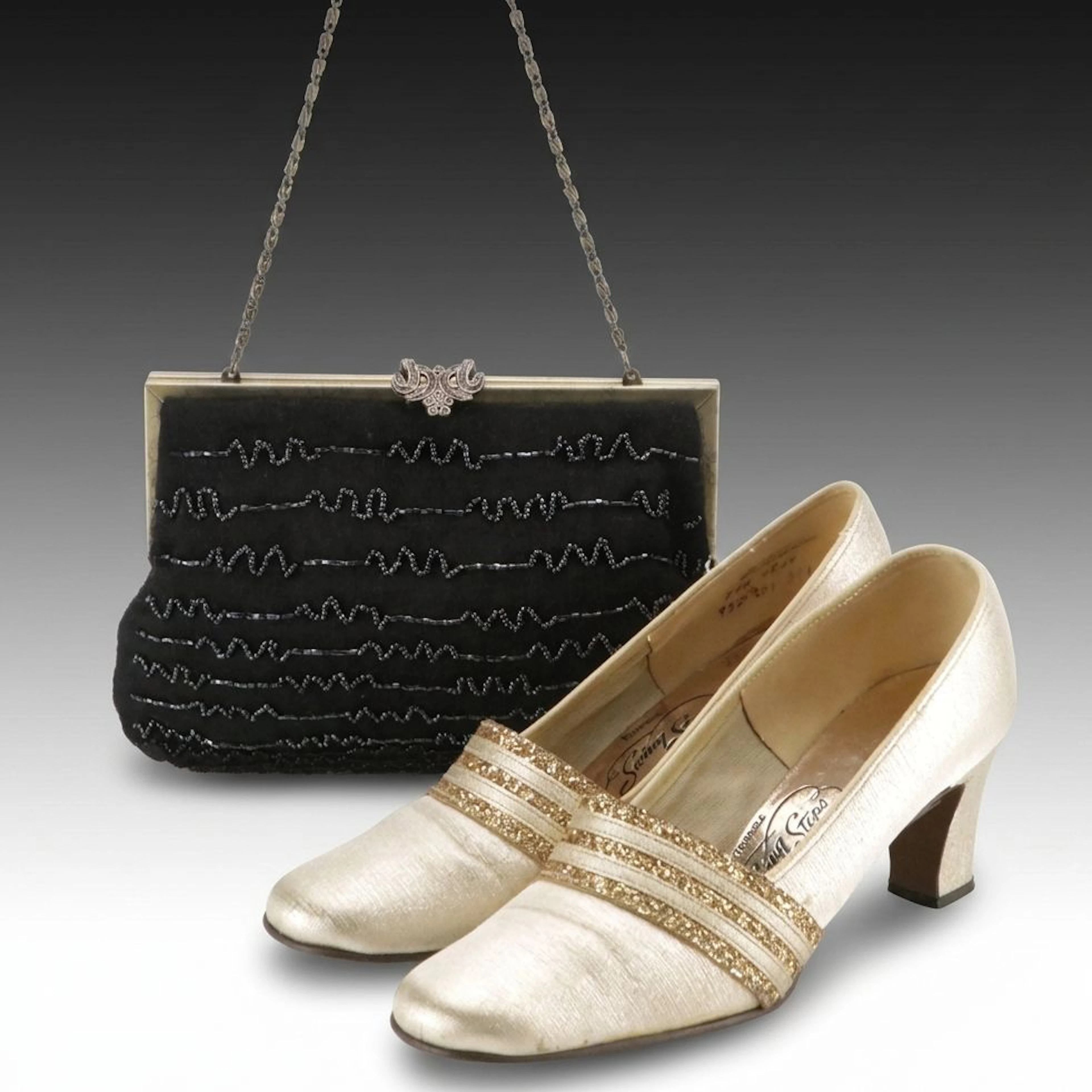 Triangle Shoes "Swing Steps" Lamé Pumps and Other Beaded Evening Bag
