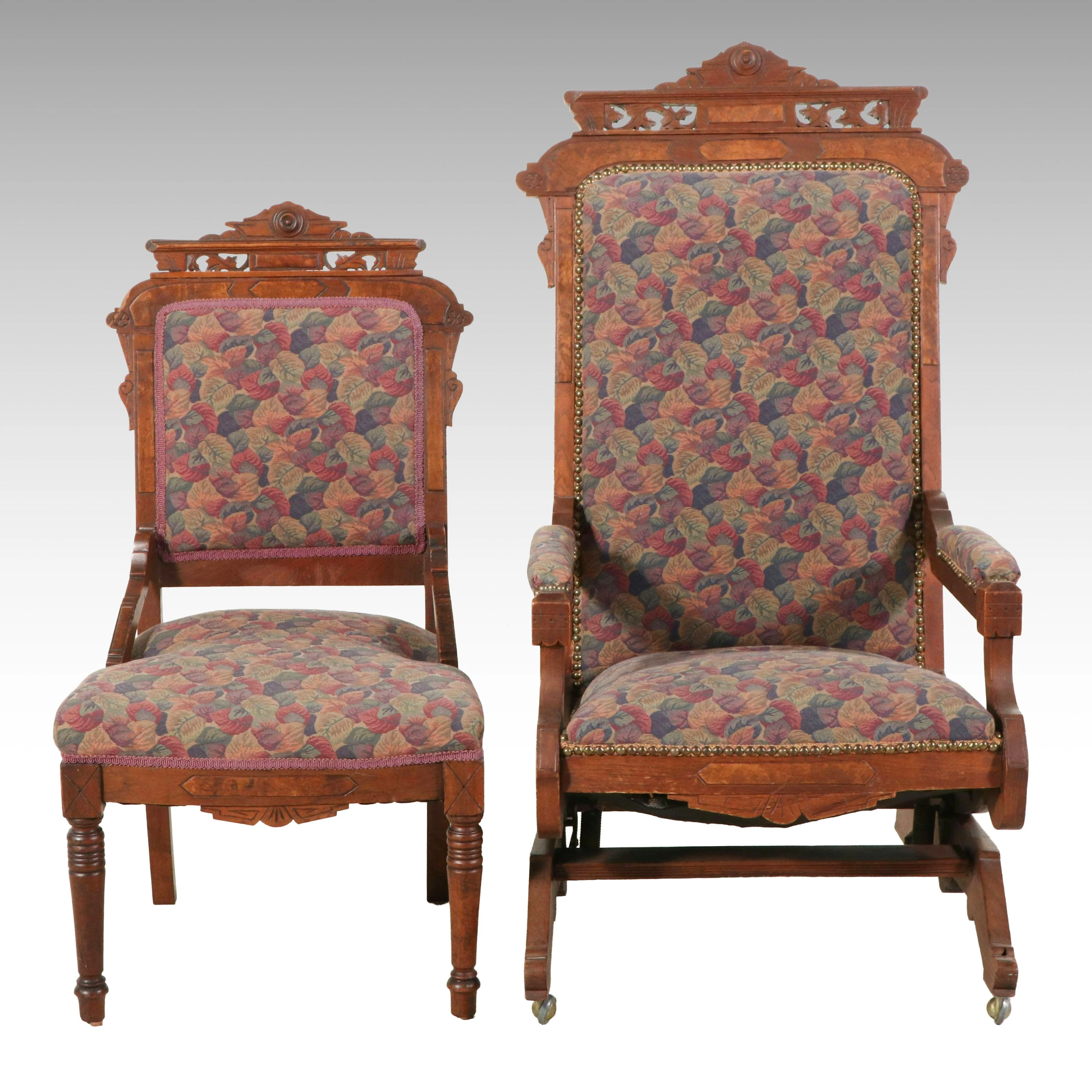 Antique Eastlake Carved Walnut Platform Rocker and Parlor Chair