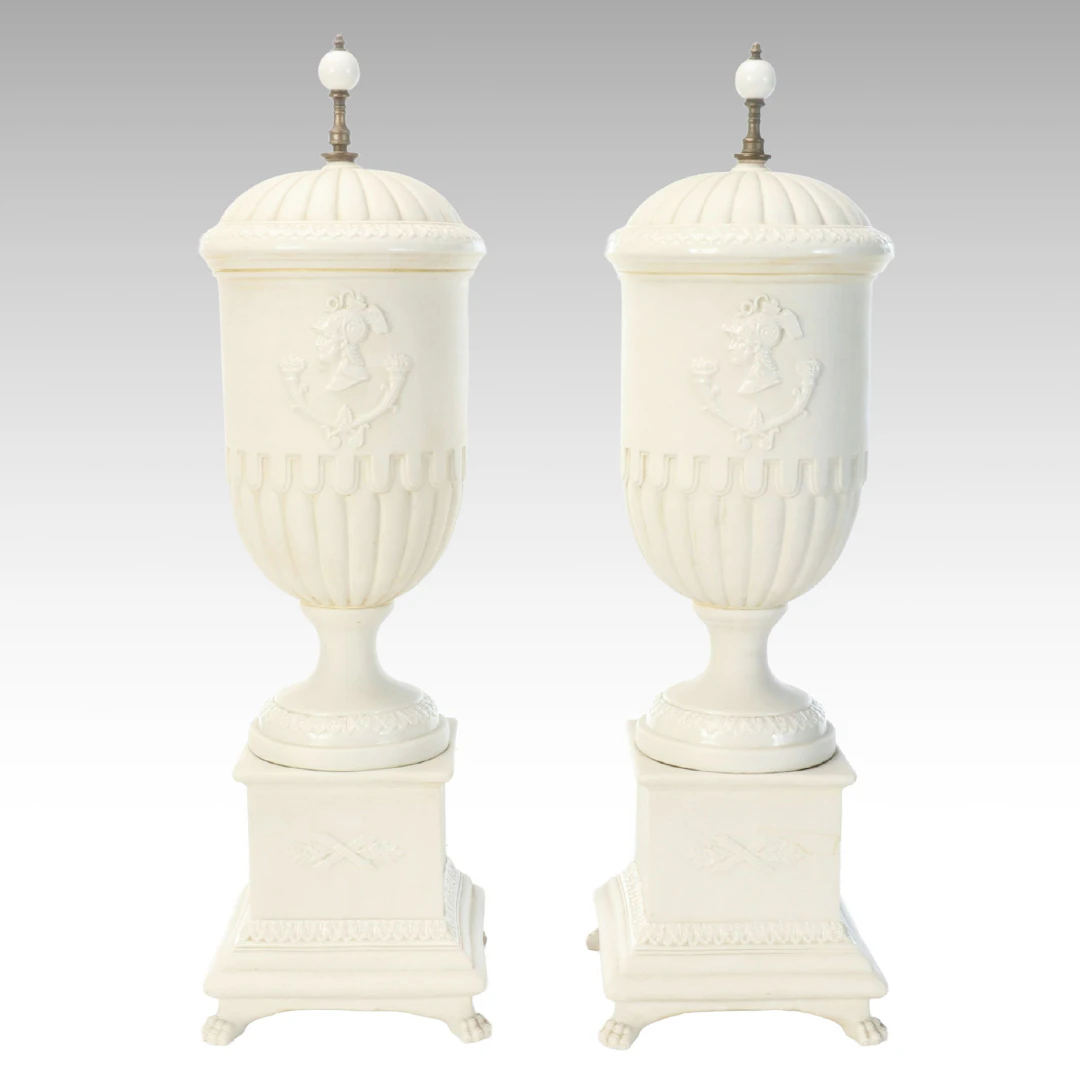 Pair of Neoclassical Style Decorative Ceramic Urns