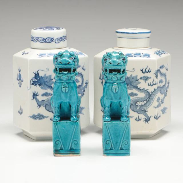 Chinese Dragon Porcelain Ginger Jar Pair with Guardian Lion Ceramic Figurines