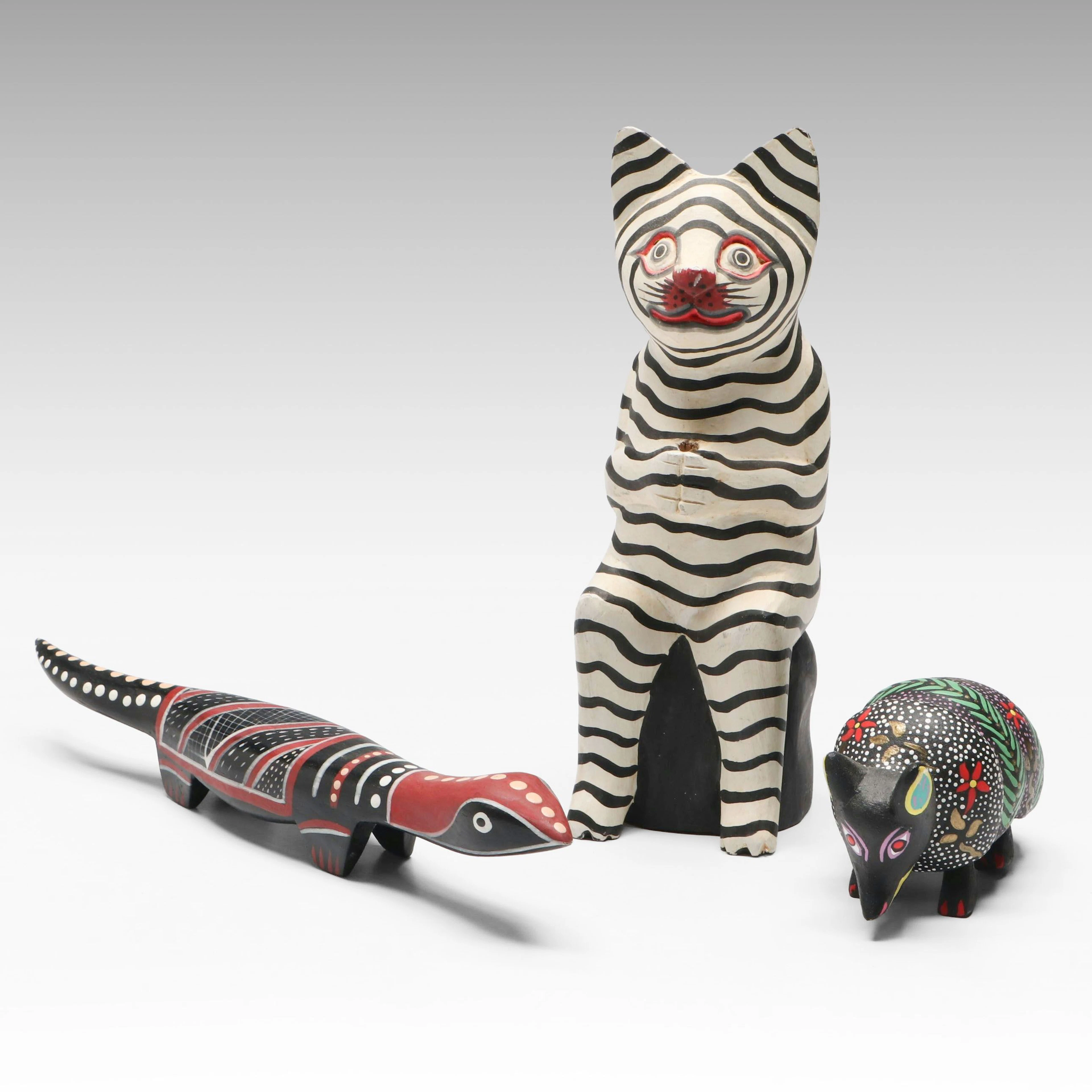 Mexican Folk Art Hand-Painted Wood Cat, Lizard and Armadillo Alebrije Figurines
